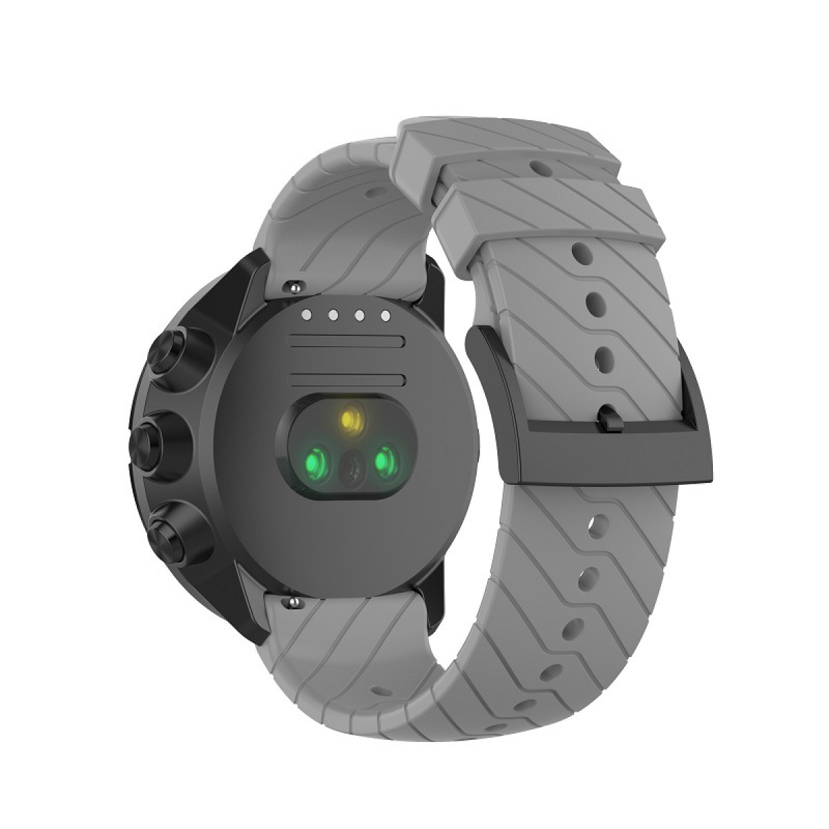 Rückansicht einer grauen Smartwatch mit grauem Armband, zeigt Herzfrequenzsensor.