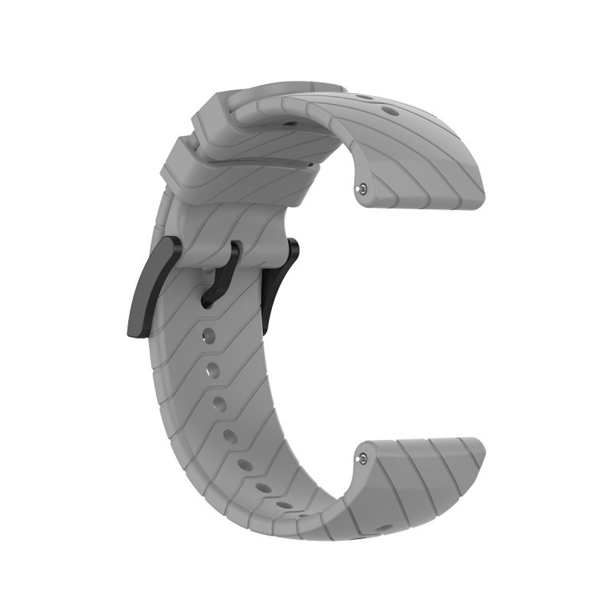 Ein graues Uhrenarmband mit schwarzer Schnalle, auf weißem Hintergrund ausgebreitet.