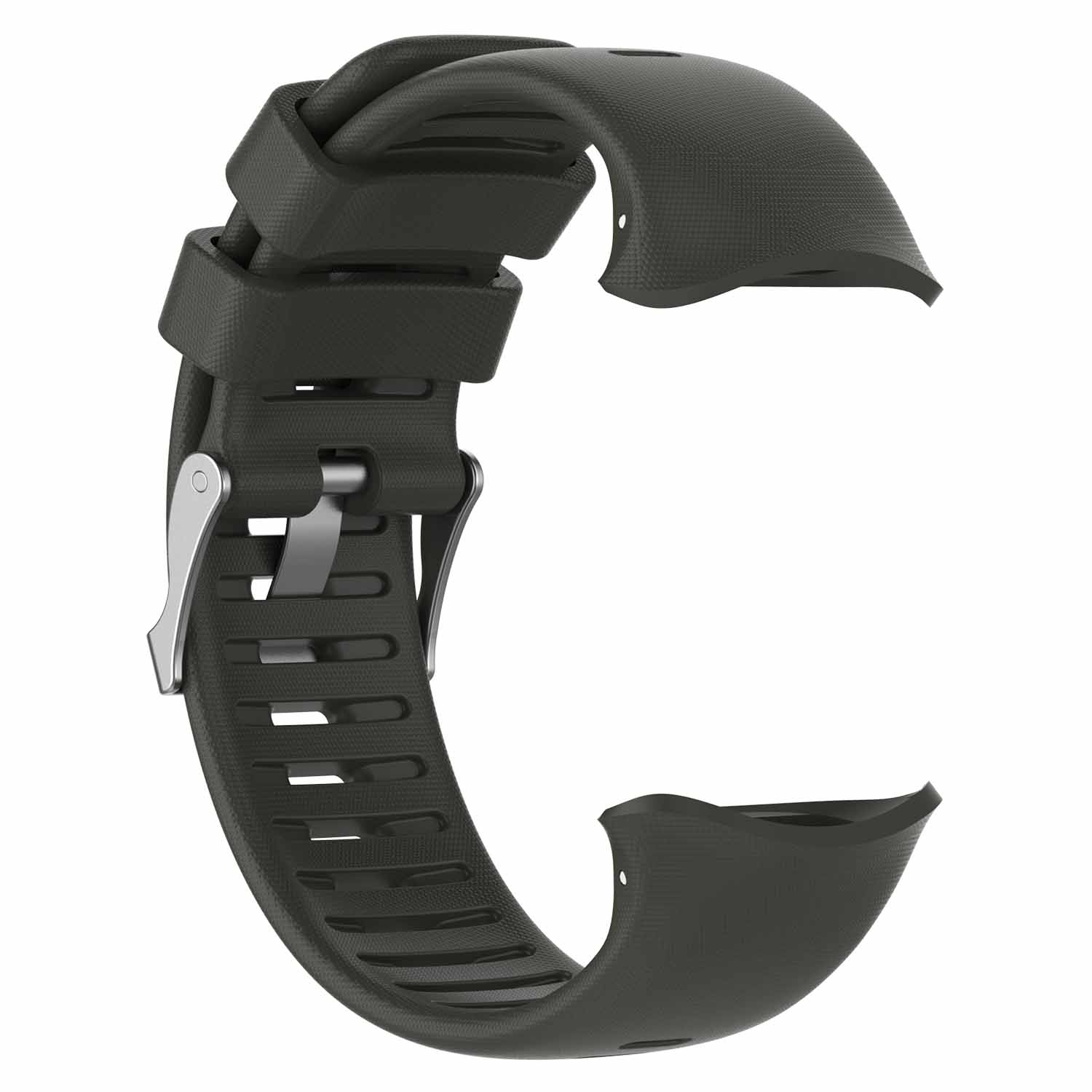 Dunkelgraues Uhrenarmband mit Metallverschluss. Es ist gebogen und hat ein strukturiertes Muster auf dem Band.