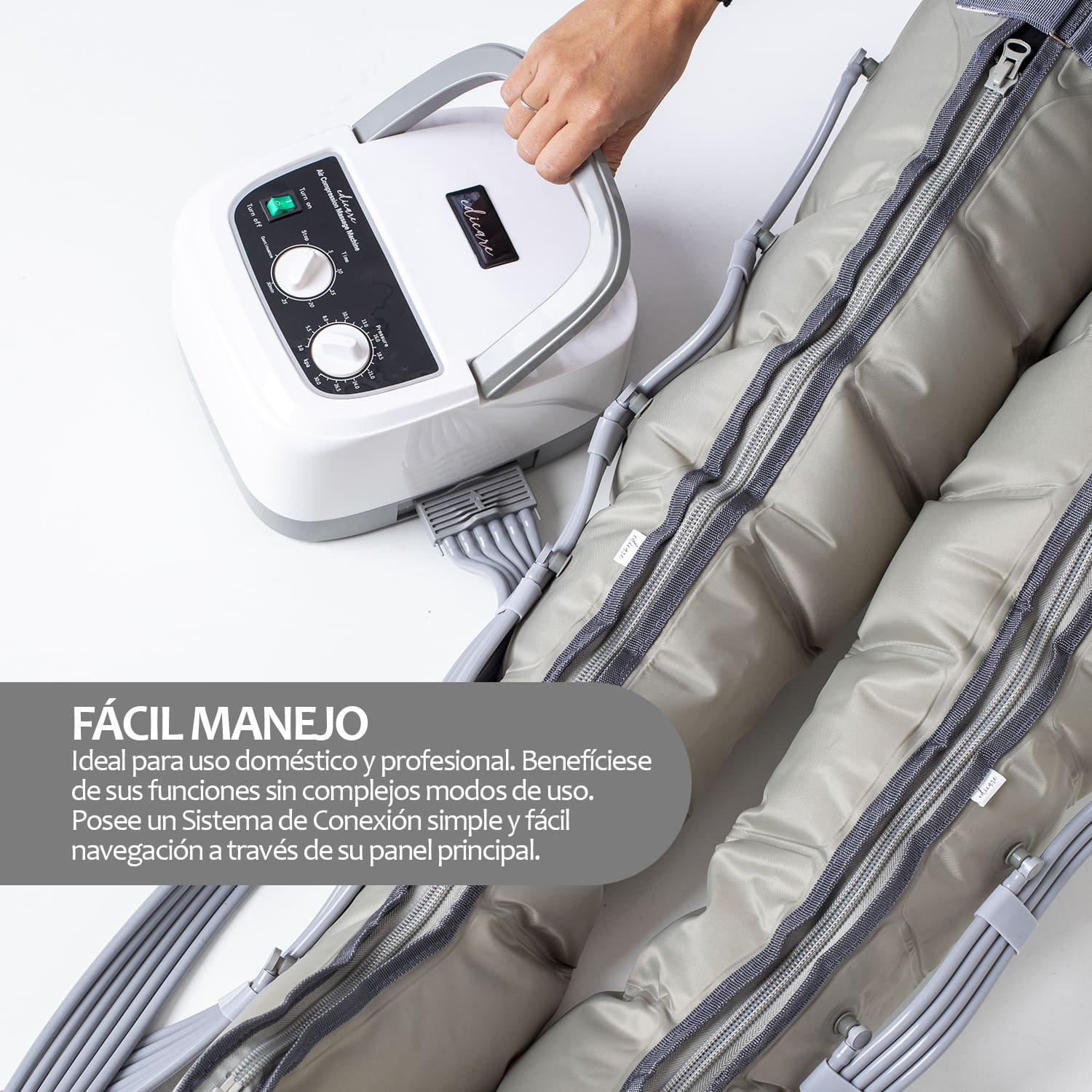 Dispositivo per massaggio gambe con pannello di controllo bianco e fasce grigie per le gambe.