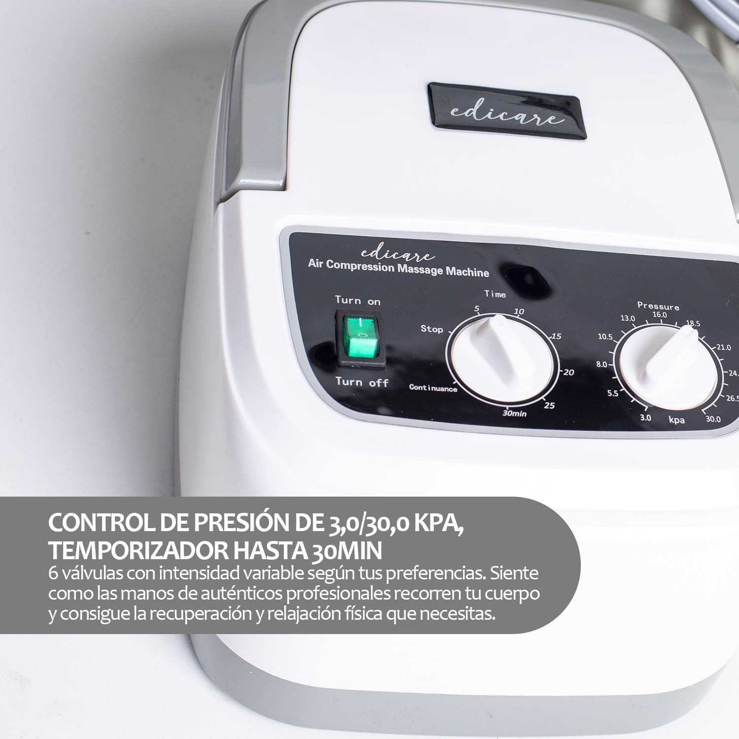 Macchina per massaggio a compressione d'aria bianca con comandi. Testo in spagnolo.