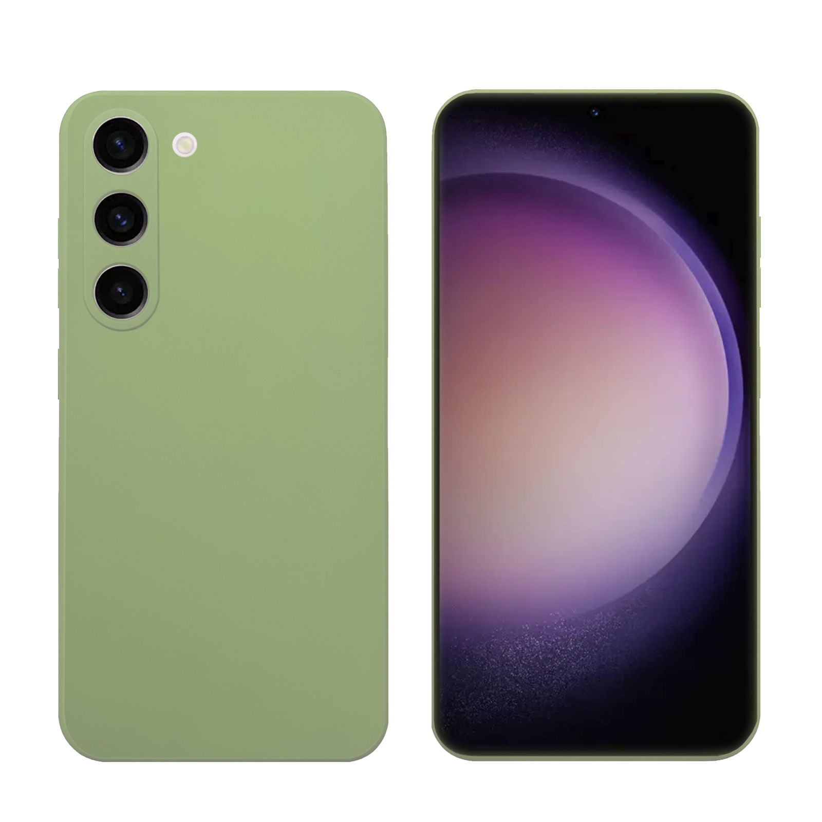 Grünes Telefon mit drei Kameras hinten und Bildschirm mit lila-grünem Farbverlauf.