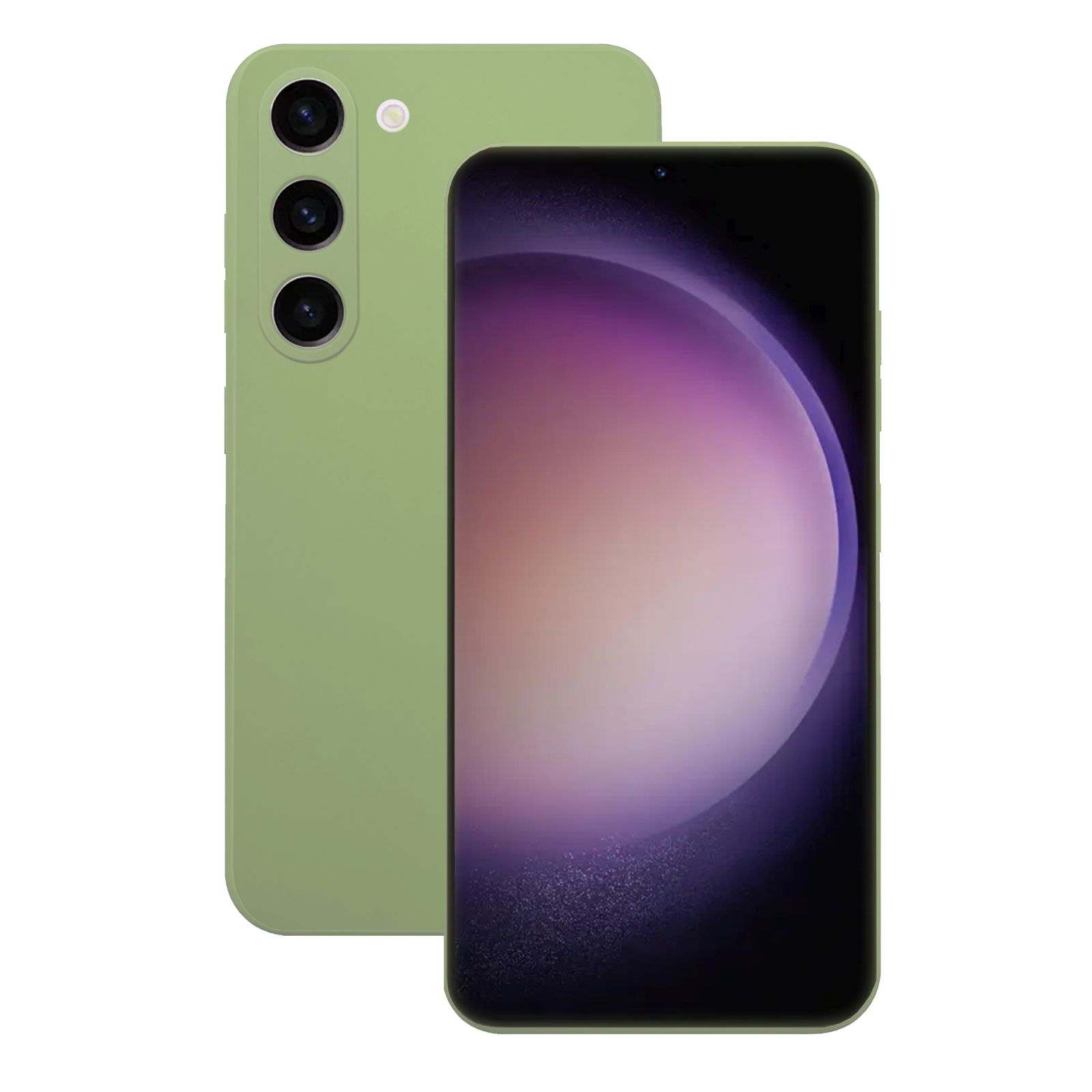 Grünes Smartphone, Vorder- und Rückansicht, mit drei Kameras und dunklem Bildschirm.