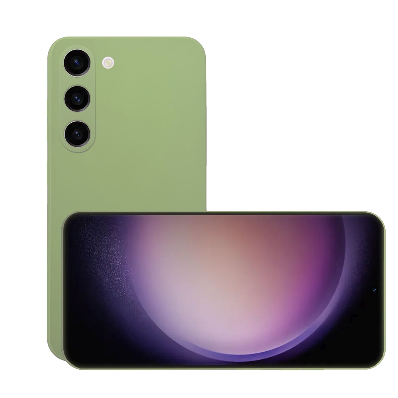 Grünes Smartphone, Rück- und Vorderansicht, mit Dreifachkamera und schwarzem Bildschirm.