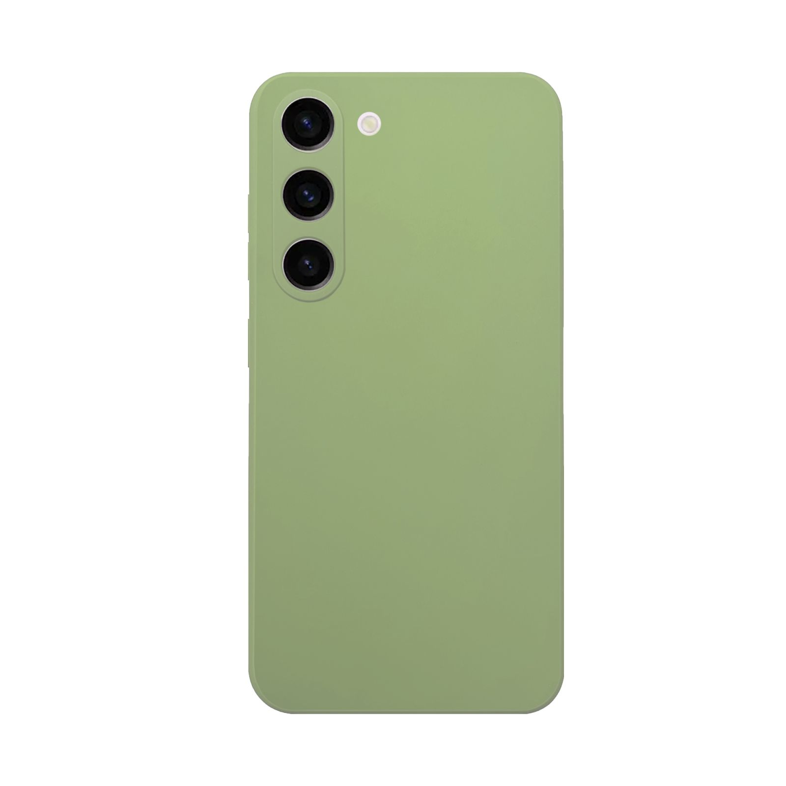 Ein hellgrünes Telefon mit drei Rückkameras und weißem Hintergrund.