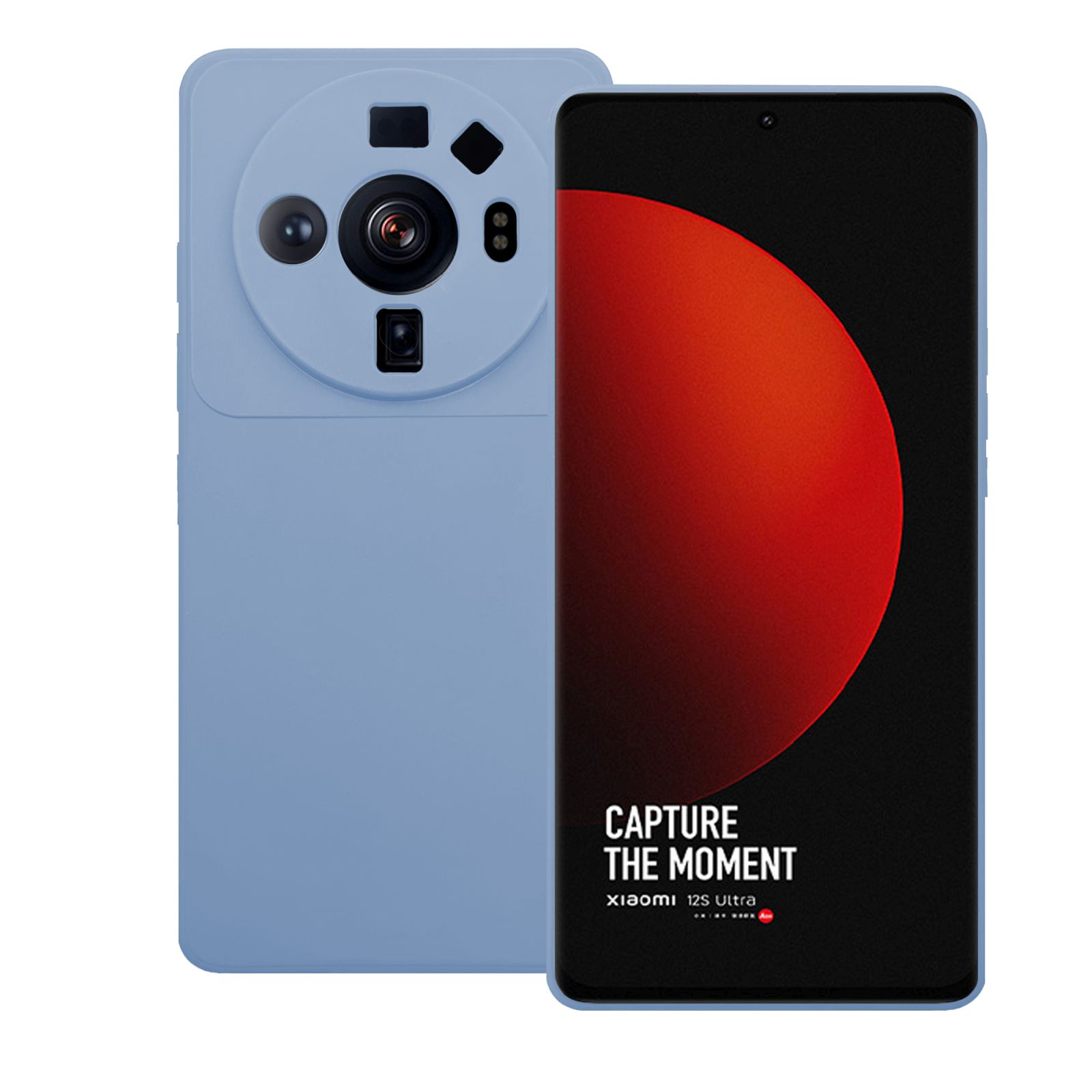 Ein hellblaues Telefon mit großem Kamera-Bump, Text "Capture the moment" auf schwarzem Bildschirm.