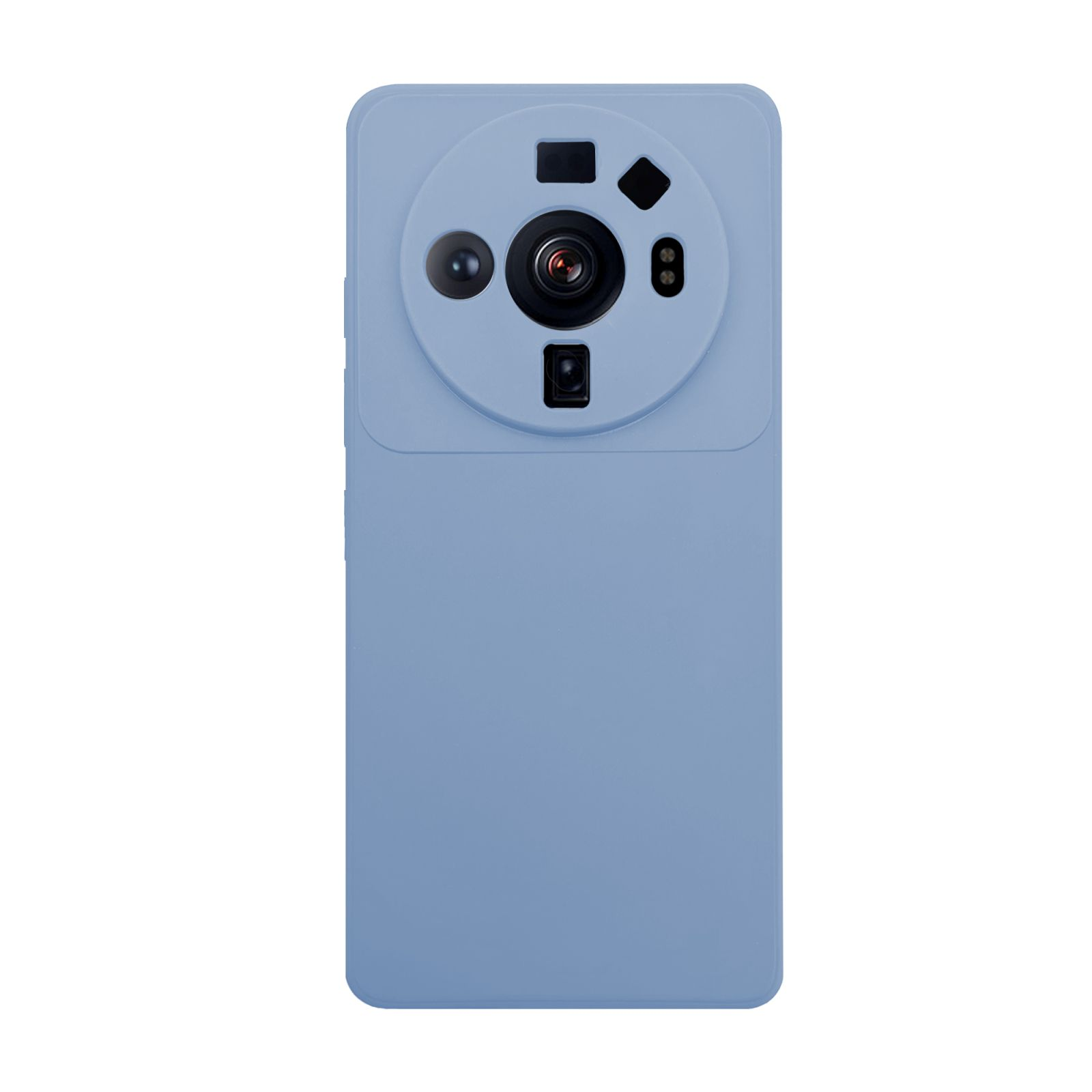 Hellblaues Telefon mit kreisförmigem Kameradesign. Der Hintergrund ist weiß.