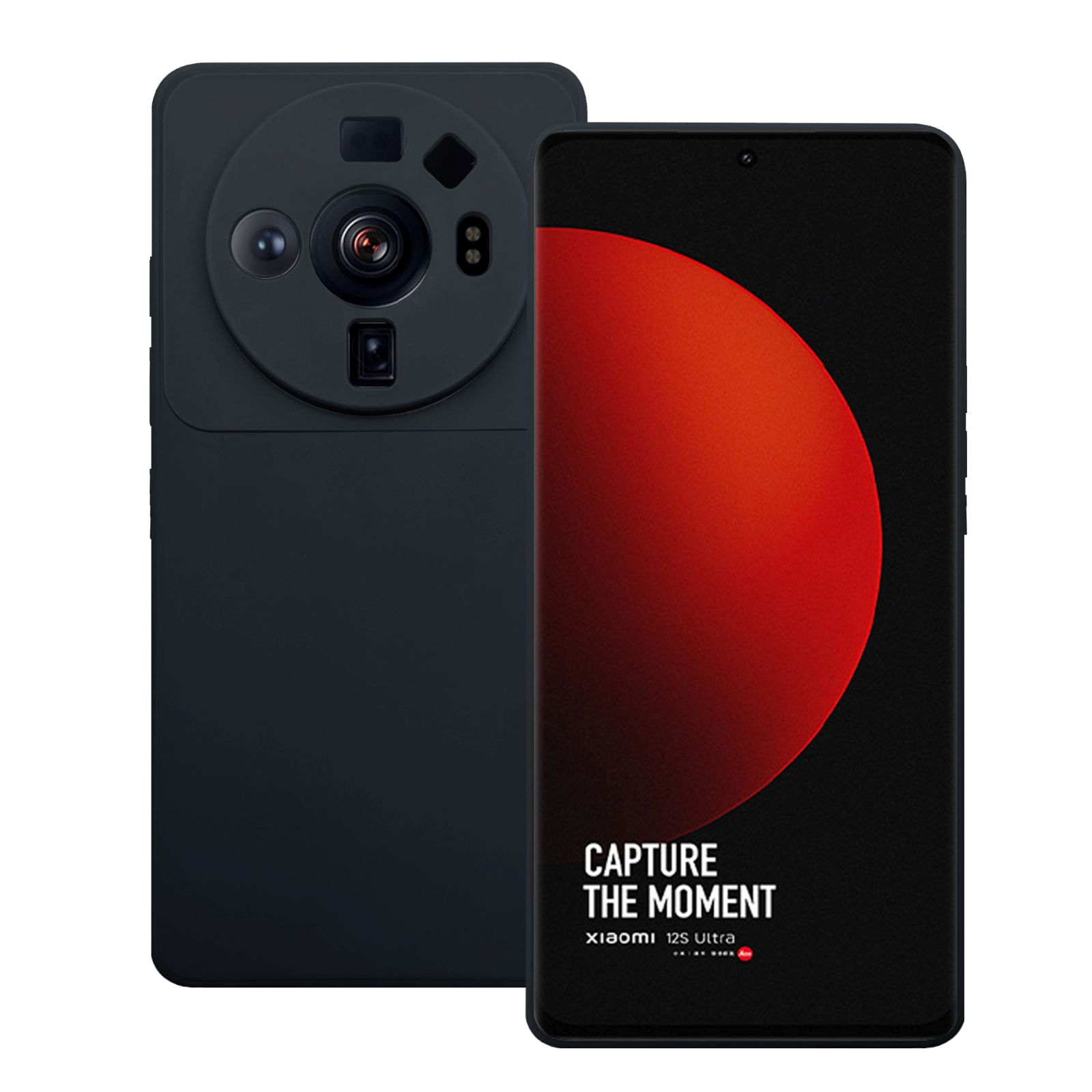 Ein schwarzes Smartphone mit großem Kameramodul, der Bildschirm zeigt ein rotes abstraktes Design und den Text: Capture the moment.