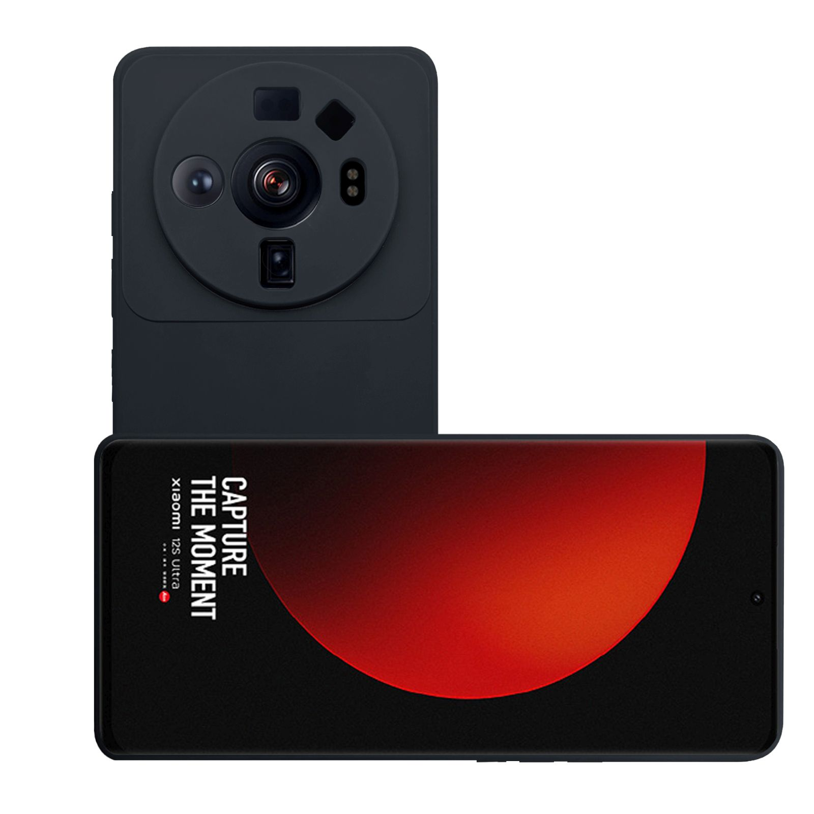 Ein schwarzes Telefon mit großem Kameramodul und rotem Kreis.