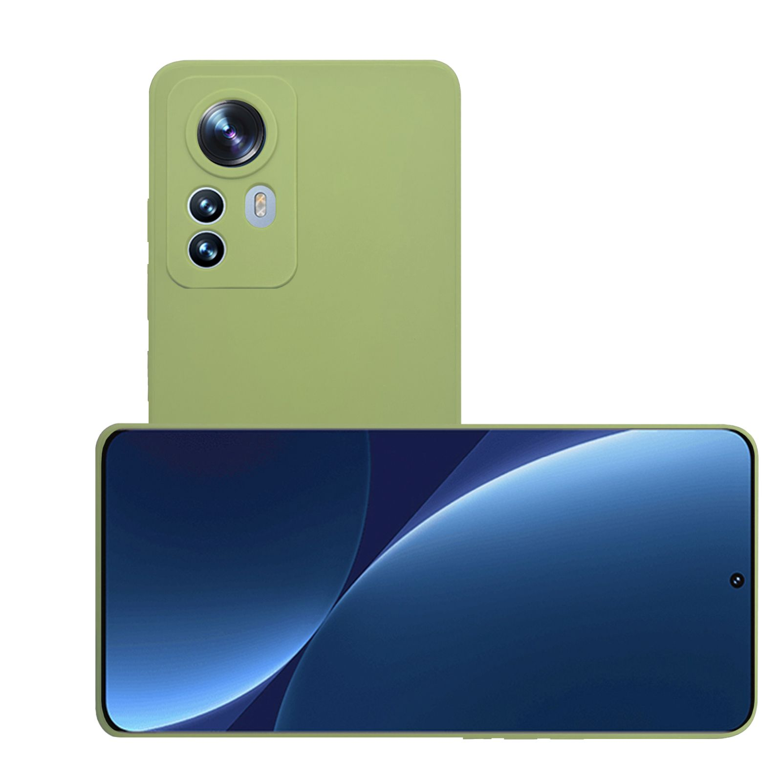 Grünes Telefon und grüne Handyhülle, mit dem Bildschirm des Telefons.