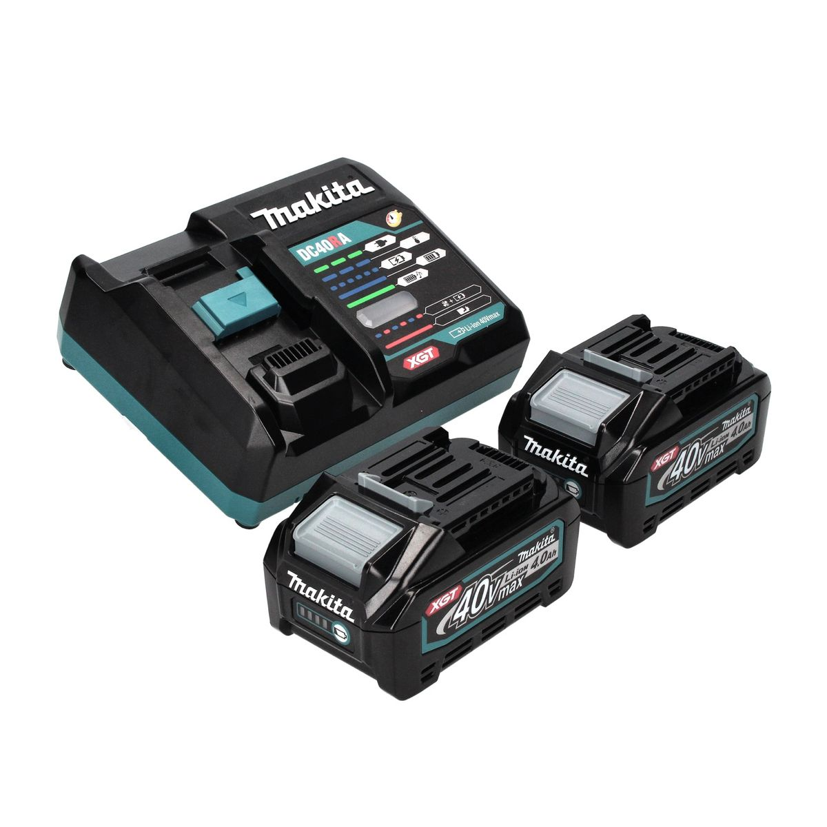 Ein Makita XGT Ladegerät und zwei 40V Batterien.