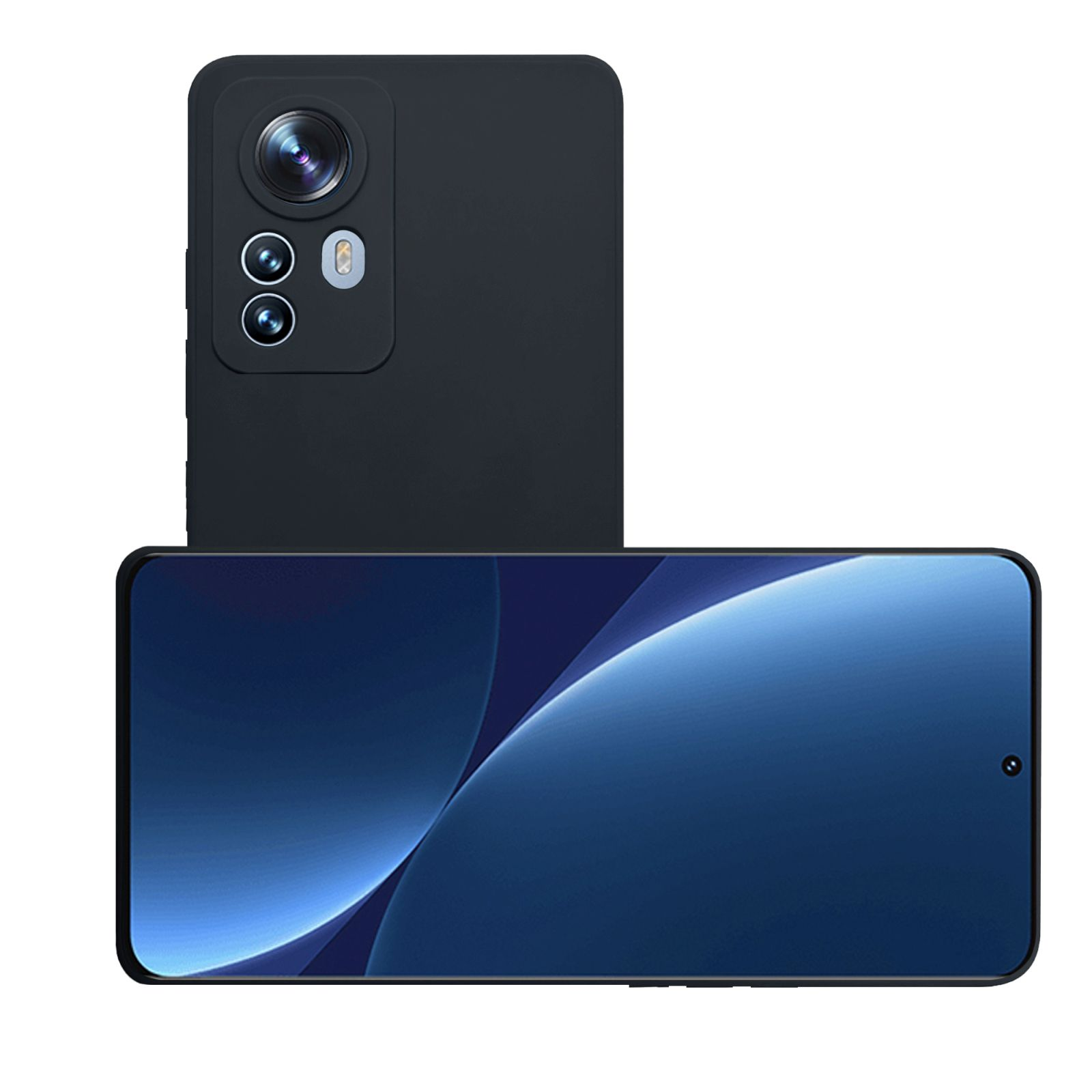 Schwarzes Smartphone mit drei Rückkameras und einem Display, das einen blauen Farbverlauf zeigt. Weißer Hintergrund.