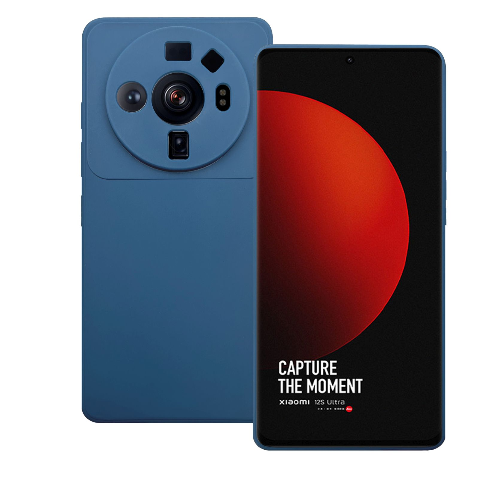 Blaue Handyhülle mit Kamera-Design und rotem Bildschirm, auf weißem Hintergrund.