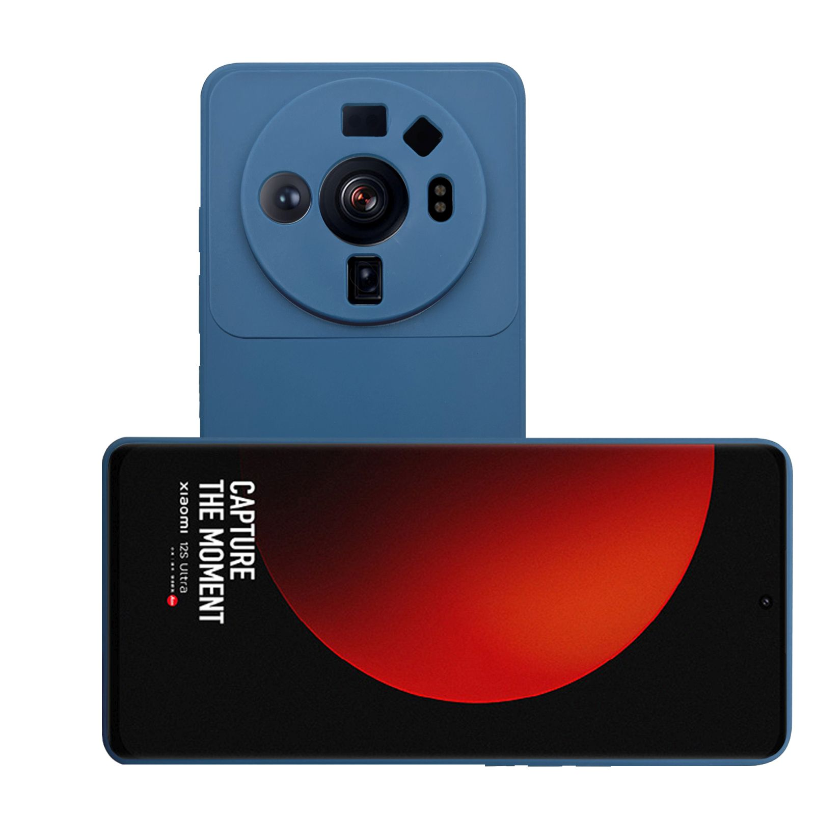 Blaue Handyhülle mit Kamera, Telefon mit rotem/orangenem Hintergrund, Text.