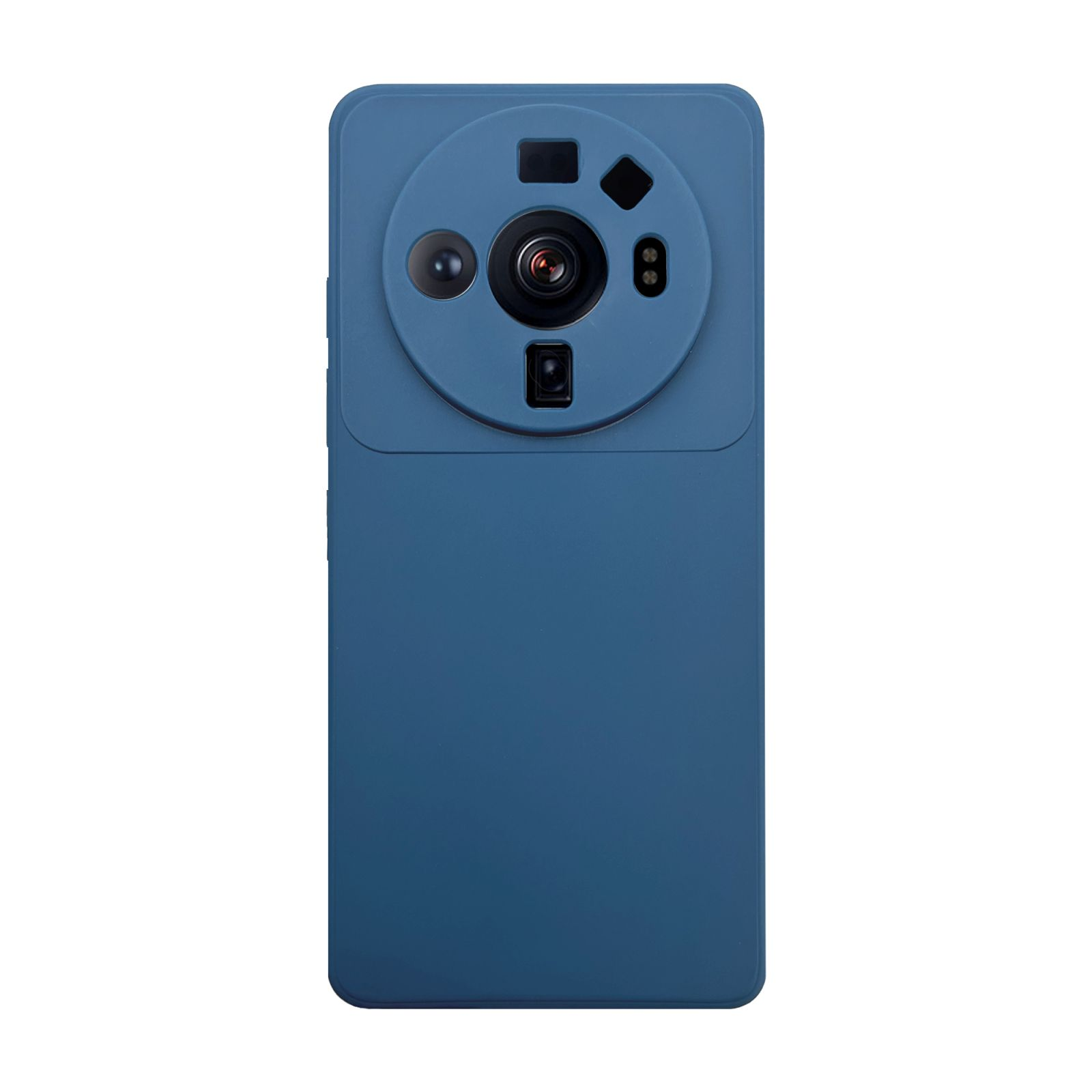 Blaues Smartphone mit kreisförmigem Kameramodul und mehreren Objektiven.