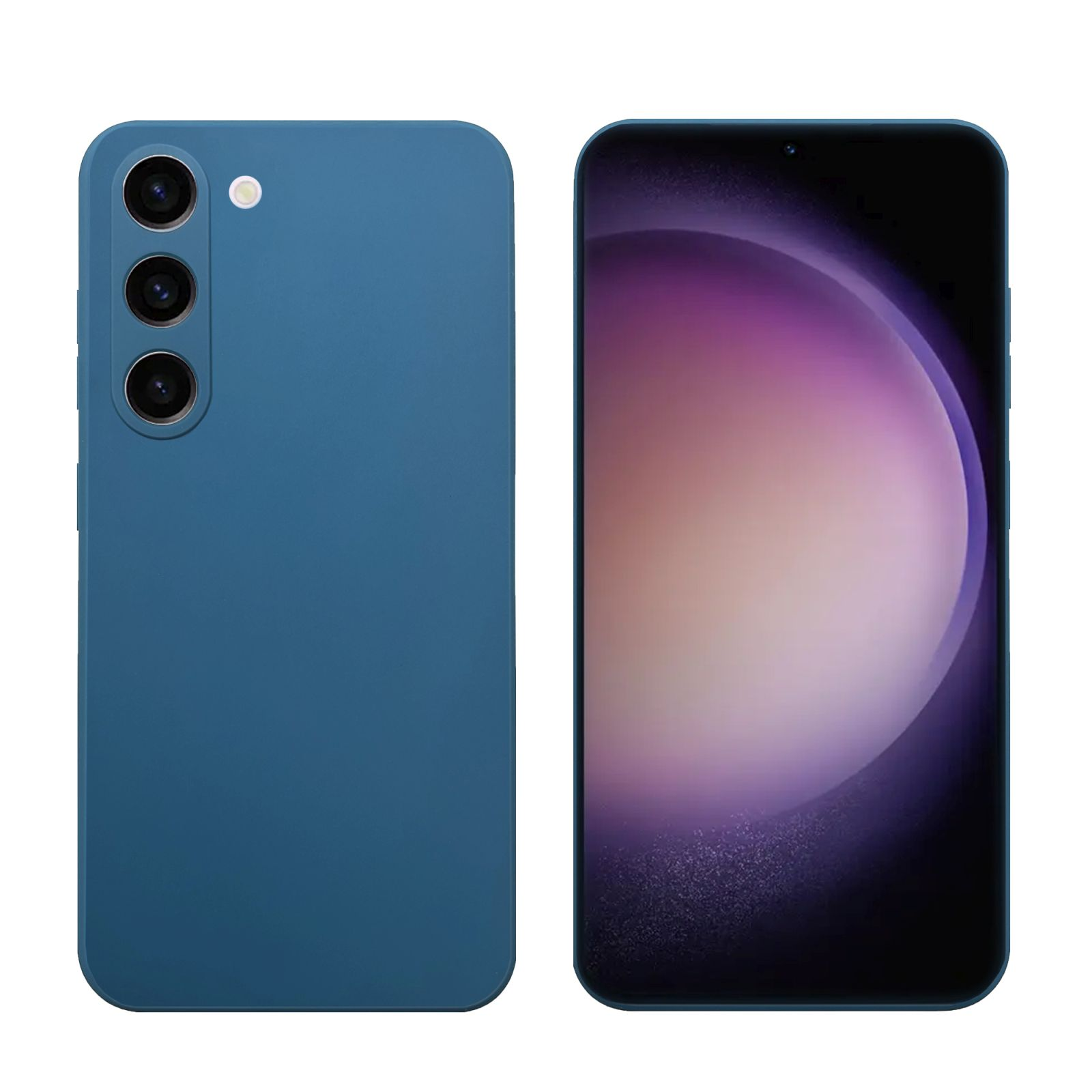 Blaues Smartphone und Rückseite. Das Telefon hat drei Kameras und Apple Logo.