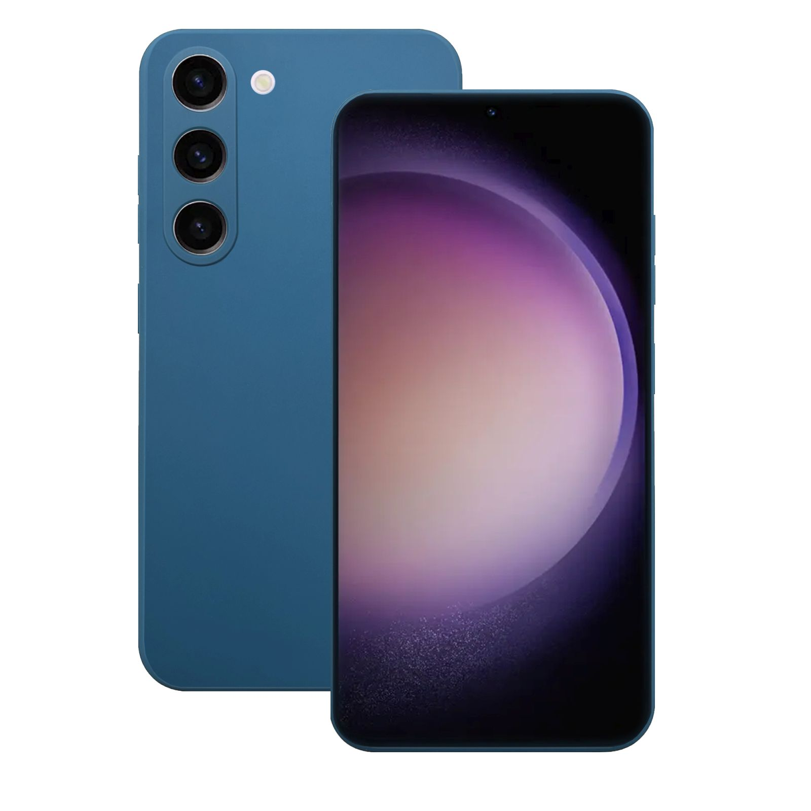 Zwei blaue Smartphones, eines zeigt das Display des Telefons, das andere die Rückseite.