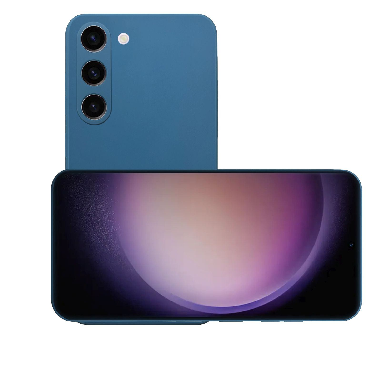 Zwei Telefone. Die Rückseite eines blauen Telefons und ein liegendes Telefon mit lila Bildschirm.