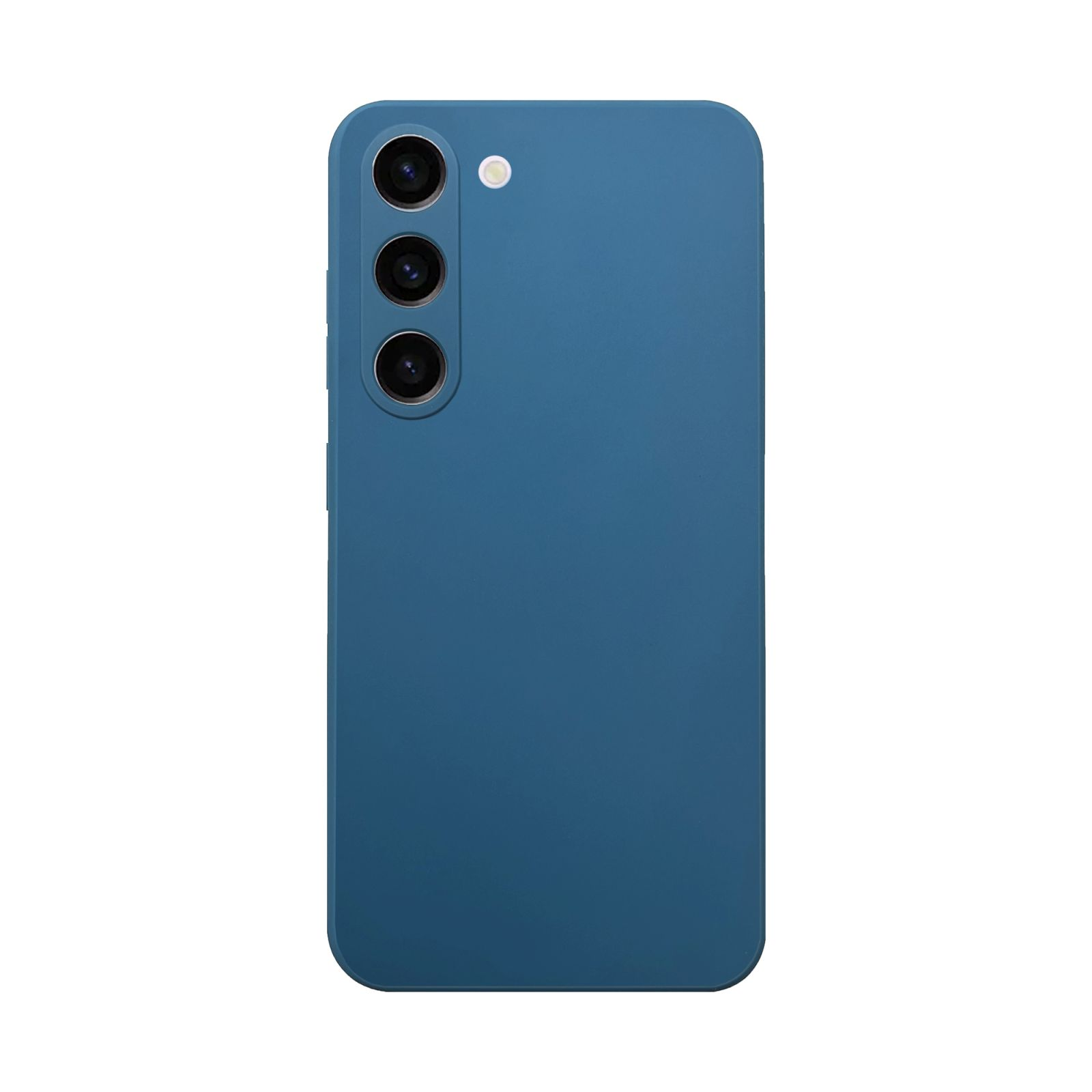 Die Rückseite eines blauen Telefons ist sichtbar und zeigt die Kameraanordnung mit drei Linsen und einem Blitz.
