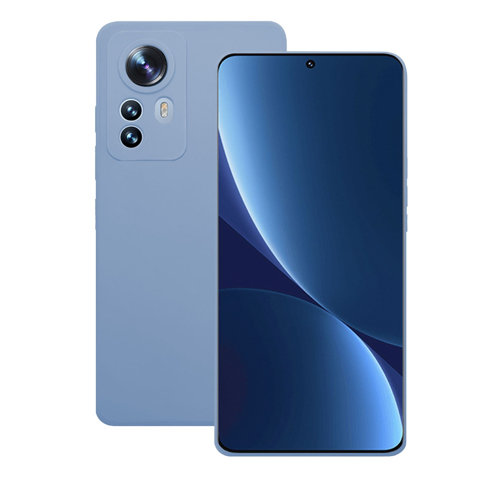 Blaue Handyhülle mit einem Telefon vor weißem Hintergrund.