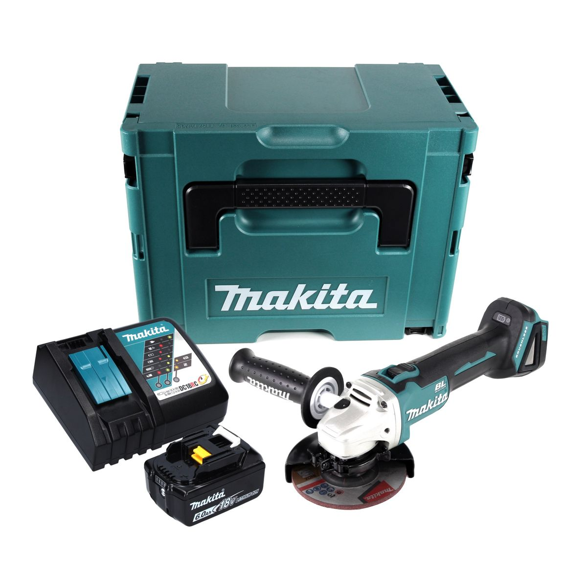 Makita Elektrowerkzeuge: Schleifer, Akku, Ladegerät und Transportkoffer. Türkis-Schwarz-Farbschema.