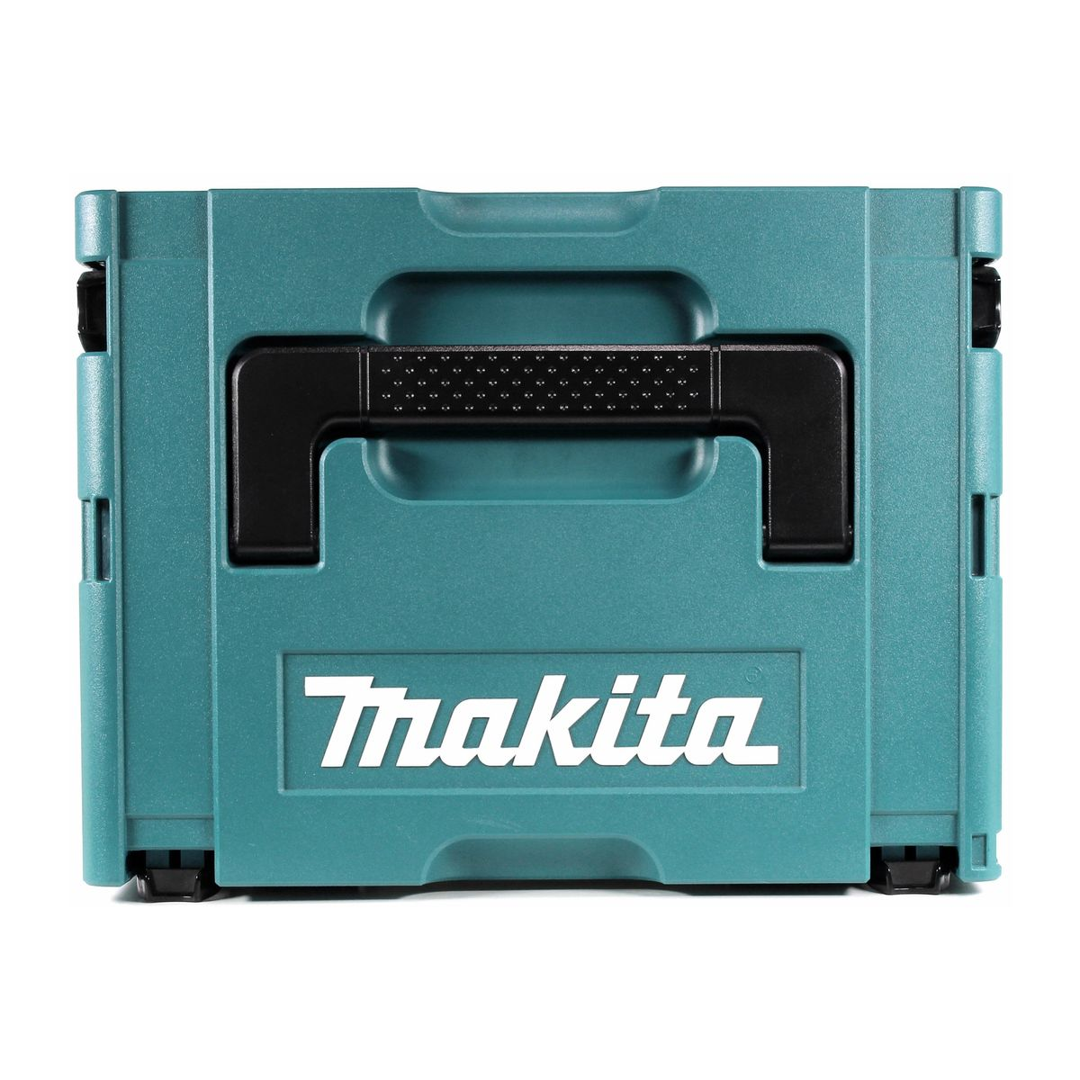 Türkisfarbene Makita-Aufbewahrungsbox mit sichtbarem Markennamen, weißer Hintergrund.