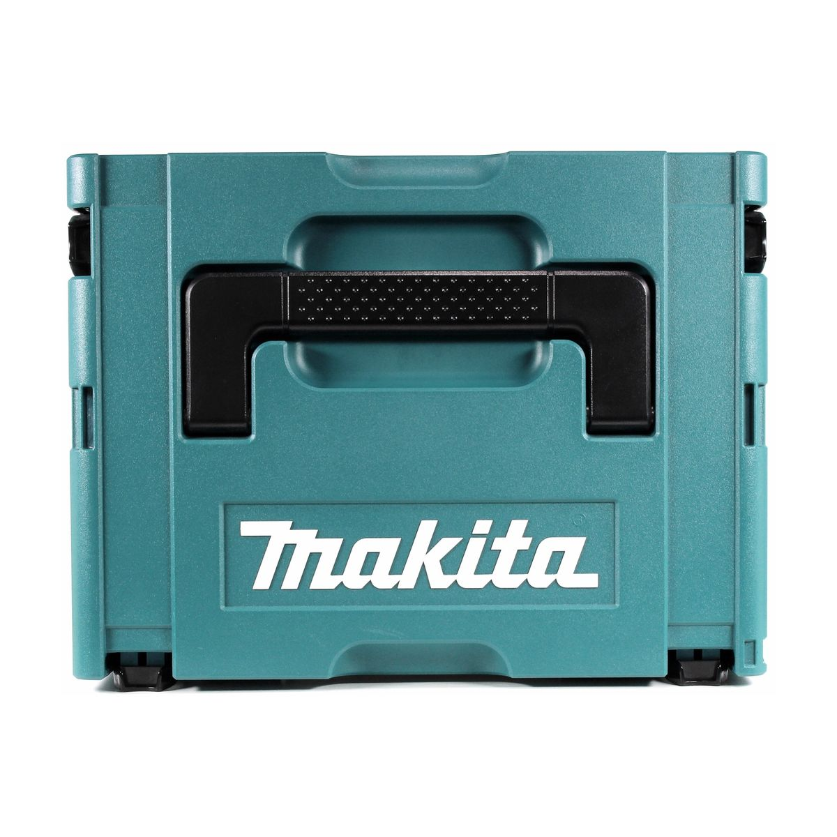 Eine türkisfarbene Makita-Aufbewahrungsbox mit schwarzem Griff und Markenname.