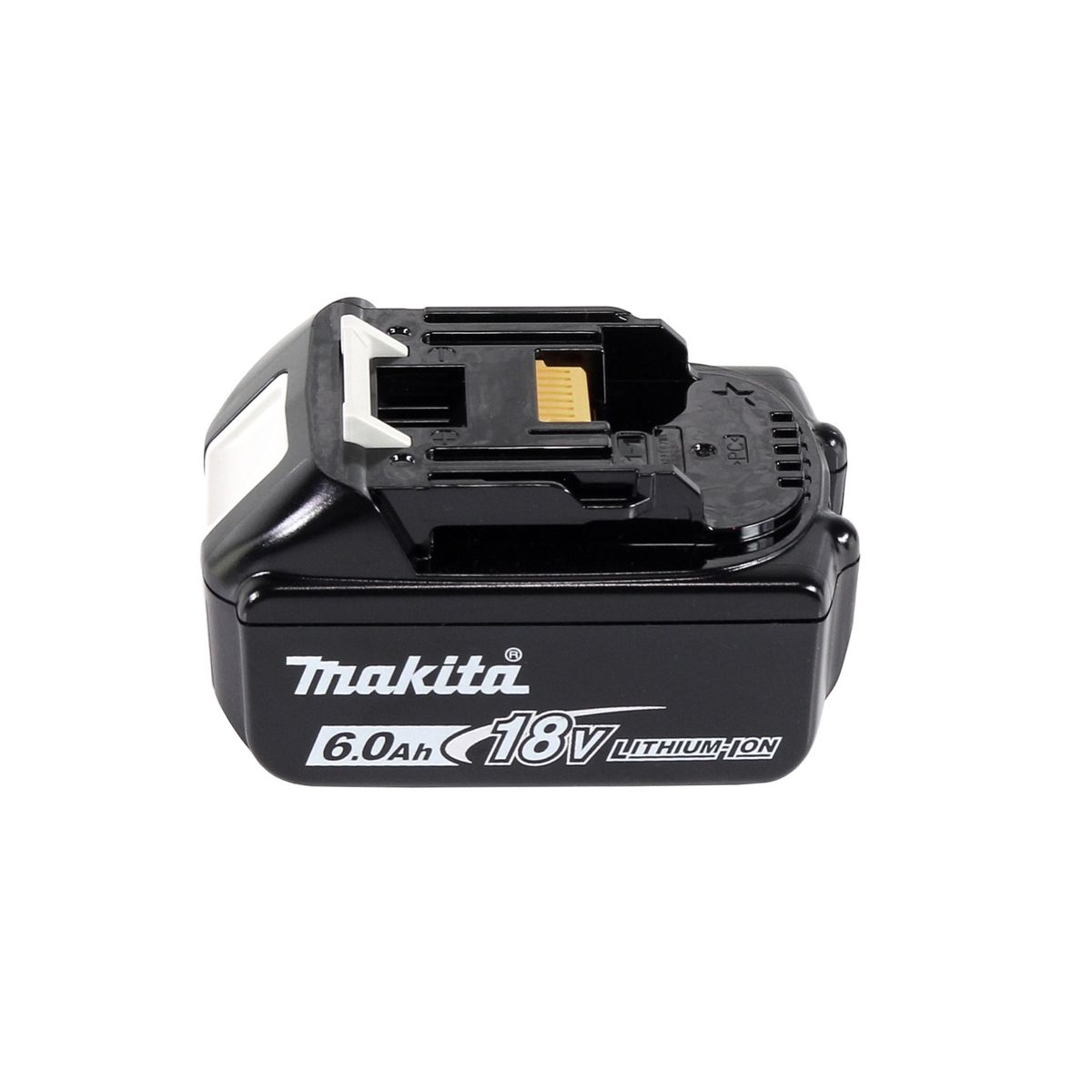 Schwarzer Makita 18V-Akku. Weißes Logo, schwarzer Deckel.
