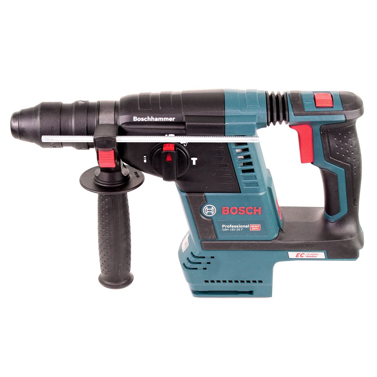 Ein professioneller Bosch Bohrhammer in Teal und Schwarz, isoliert auf Weiß.