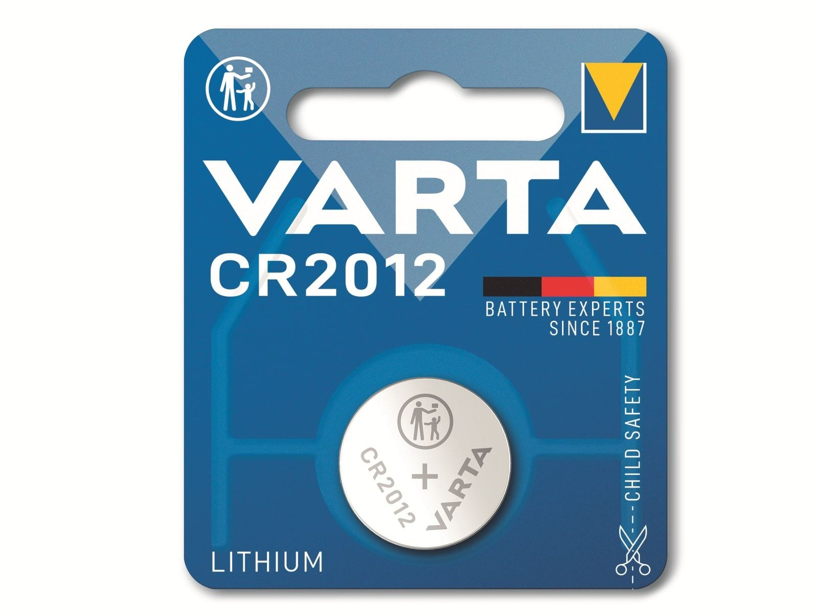 Batteria Varta CR2012 in blister. La confezione include informazioni di sicurezza e del marchio.