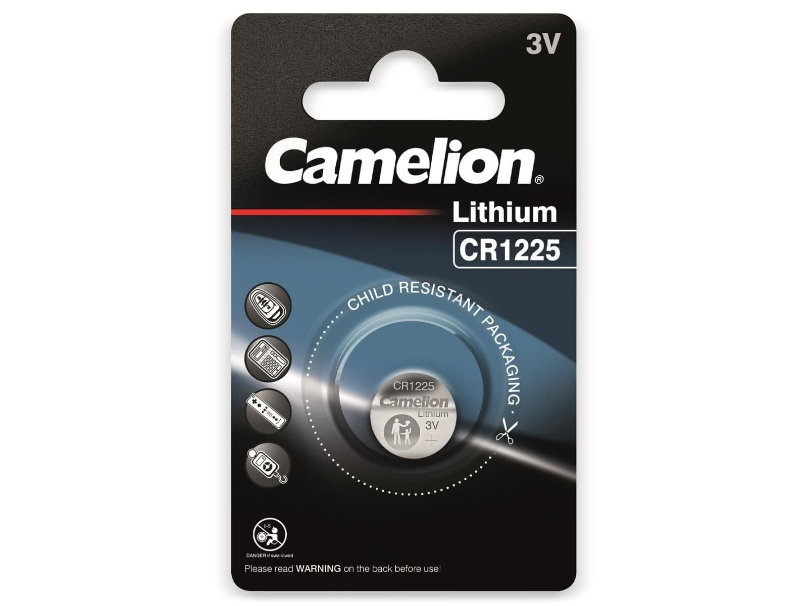 Eine Camelion Lithium-Batteriepackung. Die Verpackung ist schwarz mit weißem und blauem Text.
