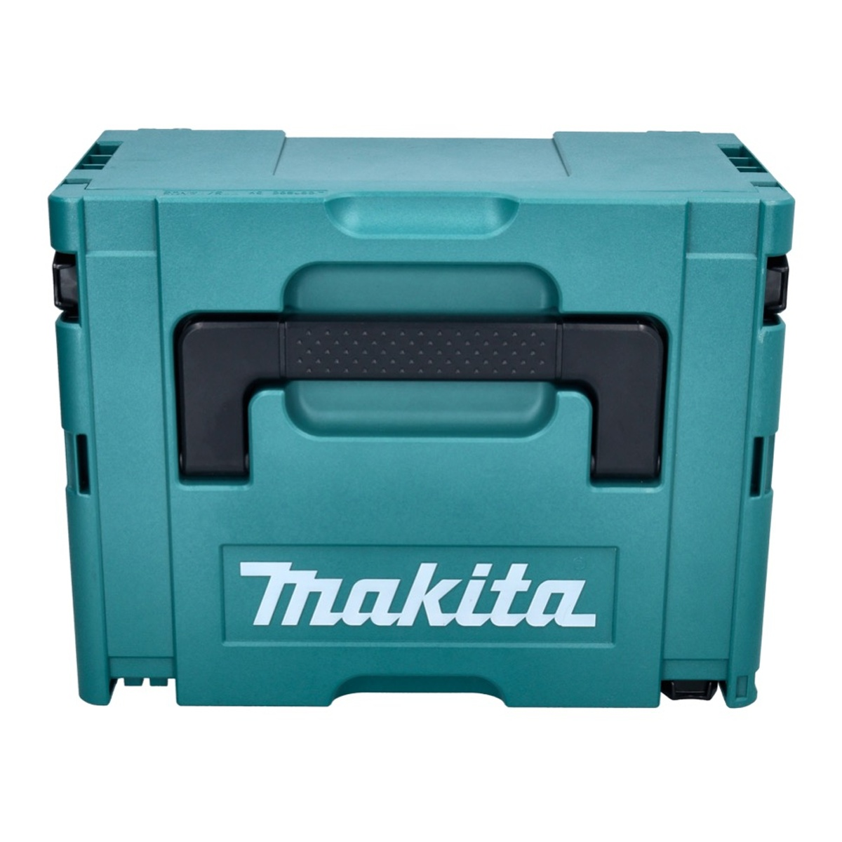 Türkisfarbener Makita-Aufbewahrungskoffer mit schwarzem Griff und weißem Makita-Logo. Weißer Hintergrund.