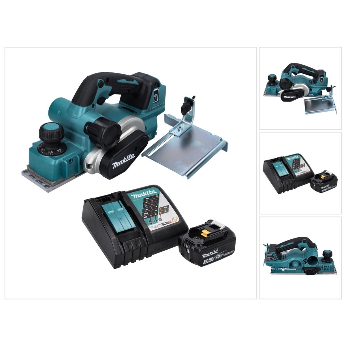 Ein türkis-schwarzer Makita-Elektrohobel mit zusätzlichen Batterien und Ladegerät.