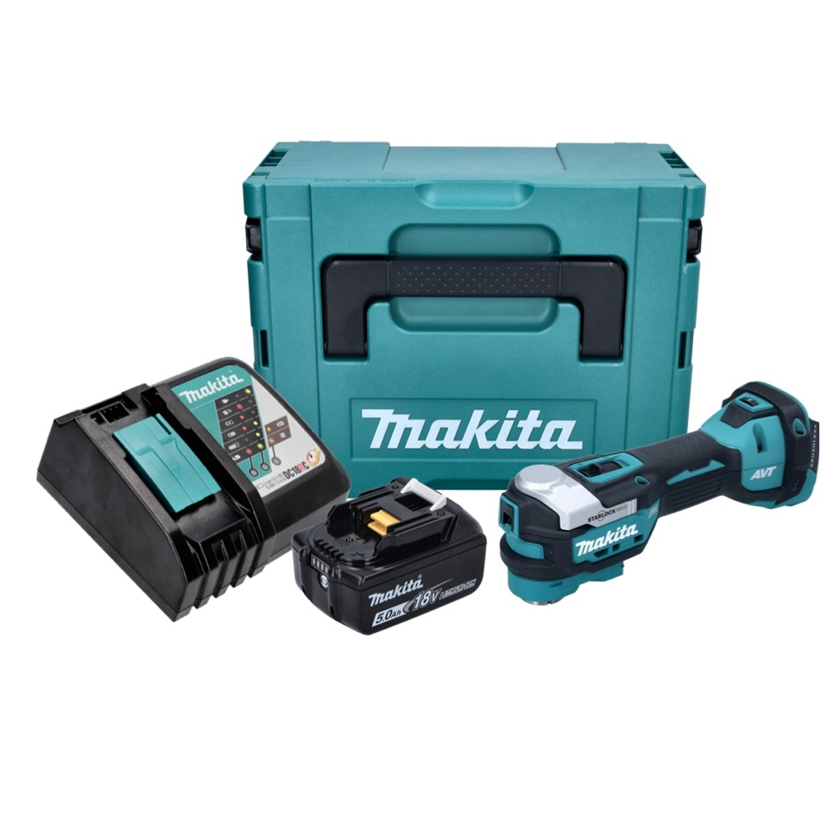 Makita Werkzeugsatz mit Koffer, Ladegerät, Akkus und einem Werkzeug.