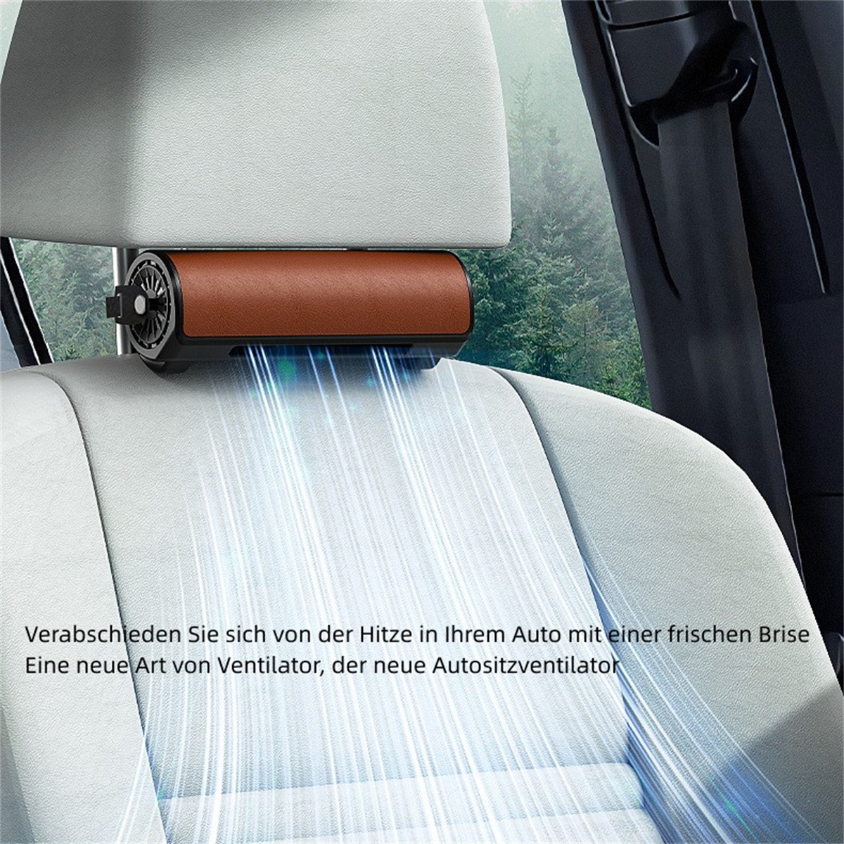 Un reposacabezas de asiento de coche con un sistema de ventilación marrón y un texto en alemán.