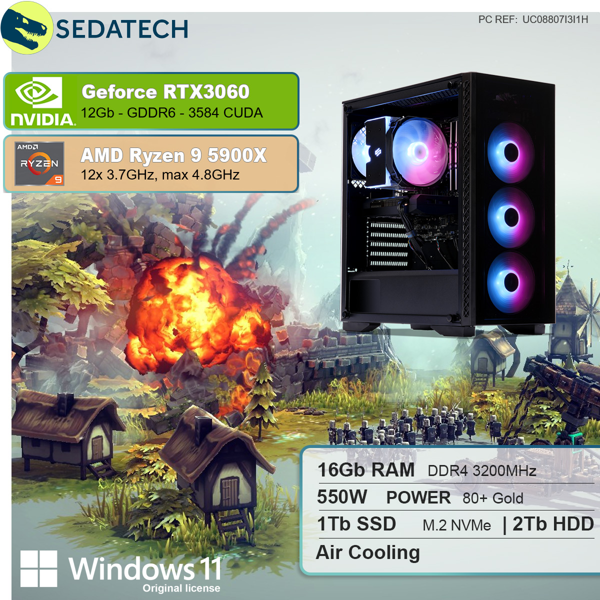 SEDATECH AMD PC 3060, RTX™ 12 GB GB Home mit Ryzen Prozessor, 5900X, 9 AMD GeForce 9 Gaming 16 2000 1000 GB HDD, 11 Ryzen™ SSD, GB Windows NVIDIA mehrsprachig, RAM
