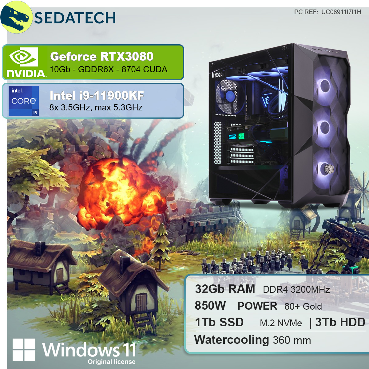 SEDATECH Intel i9-11900KF mit Wasserkühlung, 11 GB Prozessor, PC Home Intel® 1000 Core™ i9 mehrsprachig, GeForce GB HDD, NVIDIA 3080, mit RTX™ GB Windows RAM, Gaming 3000 32 GB 10 SSD