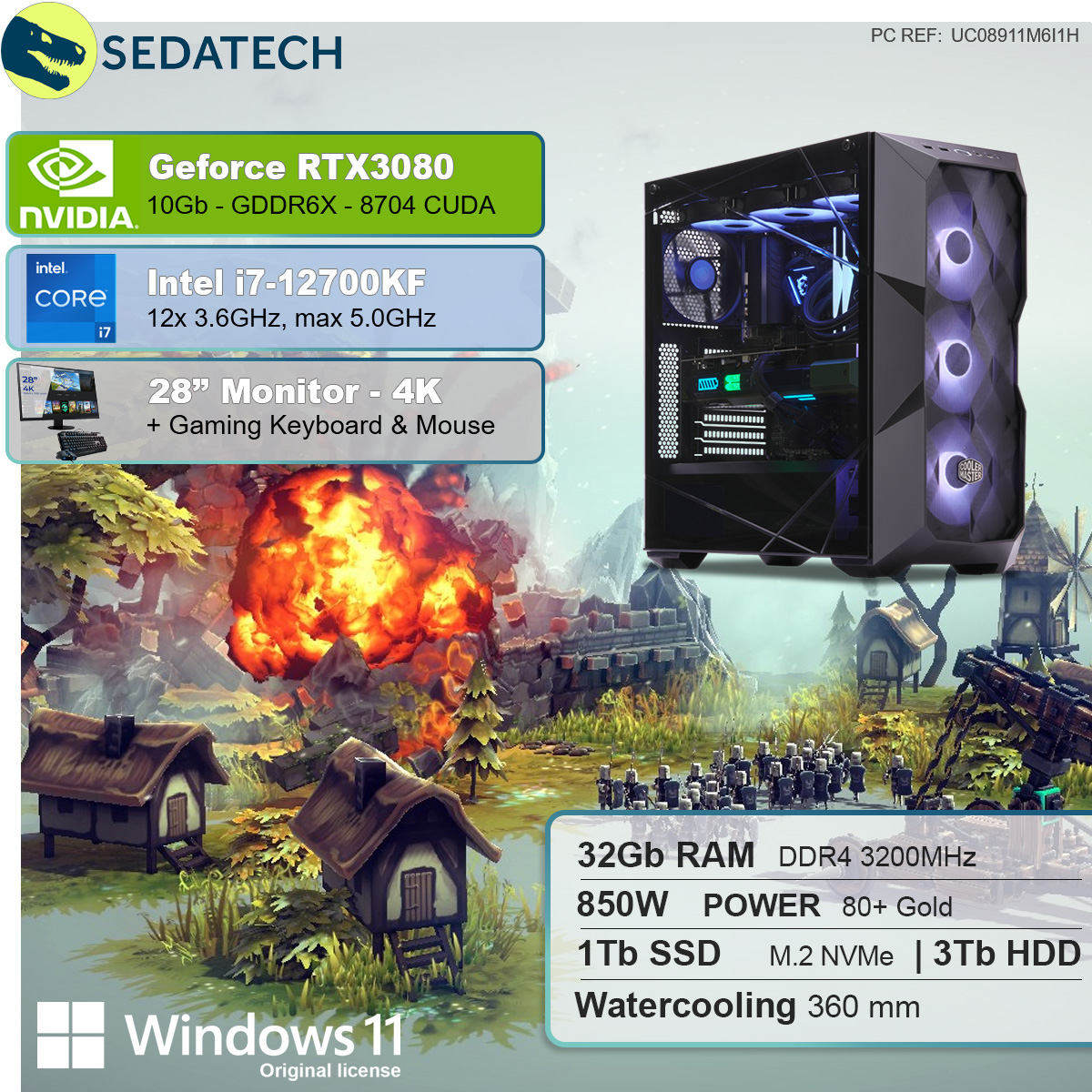 SEDATECH Intel i7-12700KF Geforce RTX3080, Gaming 1000 mit PC RAM, i7-12700KF 10 GB GB HDD, Prozessor, Wasserkühlung, Intel 3000 SSD, mit GB GB 32
