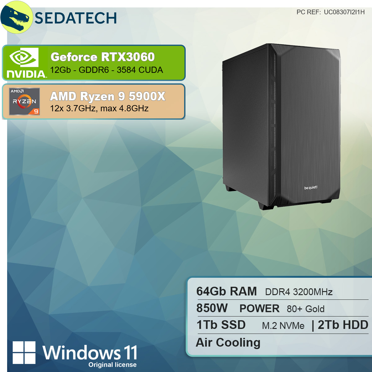 SEDATECH AMD Ryzen 9 HDD, 2000 64 SSD, 3060, GB GB Home Windows 9 12 11 RAM, RTX™ Prozessor, GB PC-desktop 1000 mit NVIDIA 5900X, GB mehrsprachig, Ryzen™ AMD GeForce