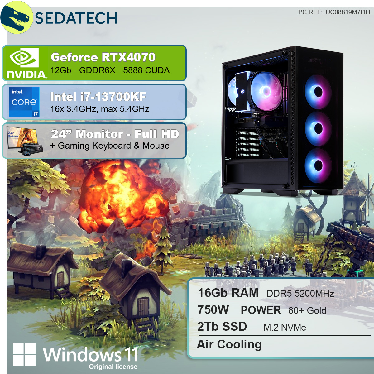 SEDATECH Intel i7-13700KF, RAM, GB 12 16 2000 i7-13700KF Prozessor, SSD, Geforce RTX4070, Gaming mit Intel PC GB GB
