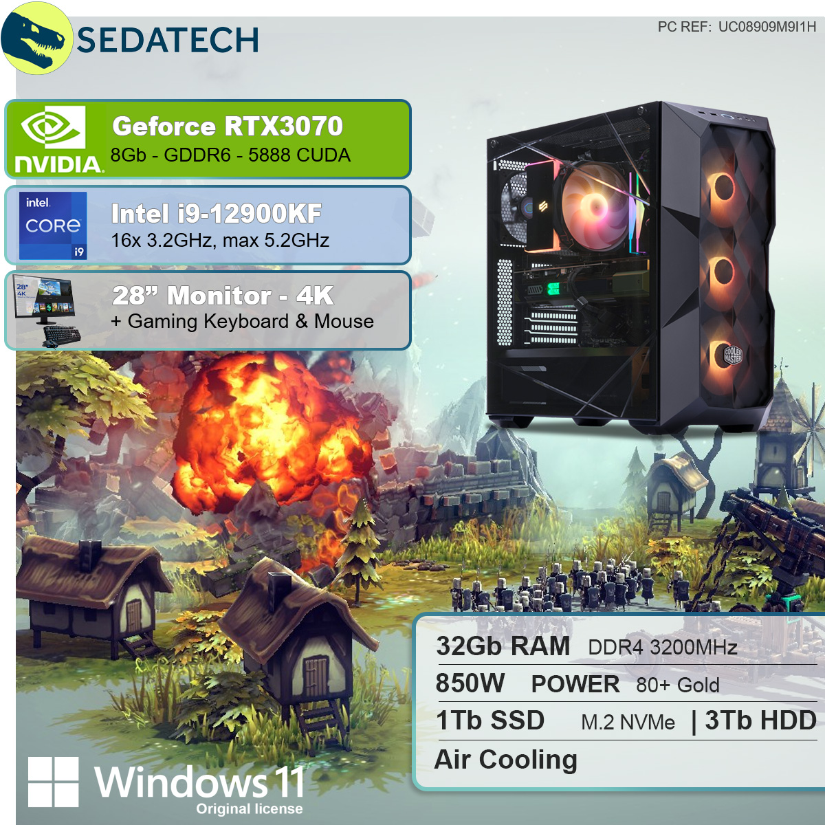 SEDATECH Intel i9-12900KF, Gaming PC HDD, Geforce GB 8 RTX3070, 32 GB Intel GB SSD, GB 3000 i9-12900KF RAM, Prozessor, mit 1000