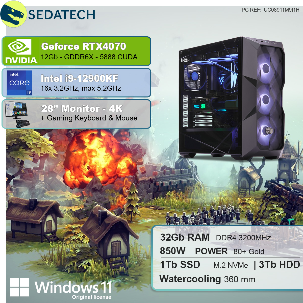 SEDATECH Intel i9-12900KF Intel SSD, Gaming GB Geforce mit HDD, 32 1000 GB 12 GB PC Wasserkühlung, i9-12900KF RTX4070, RAM, mit 3000 Prozessor, GB
