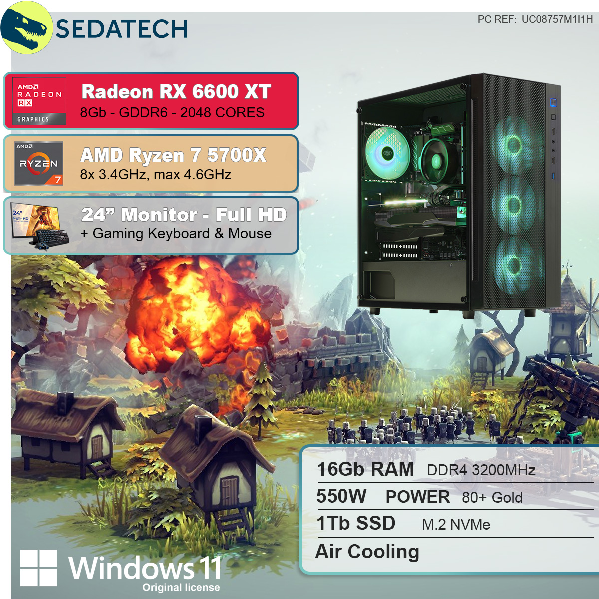 SEDATECH AMD Ryzen 7 1000 GB 16 7 SSD, mit Ryzen Prozessor, 5700X, GB 5700X RAM, 6600XT, Gaming Radeon 8 PC RX GB AMD