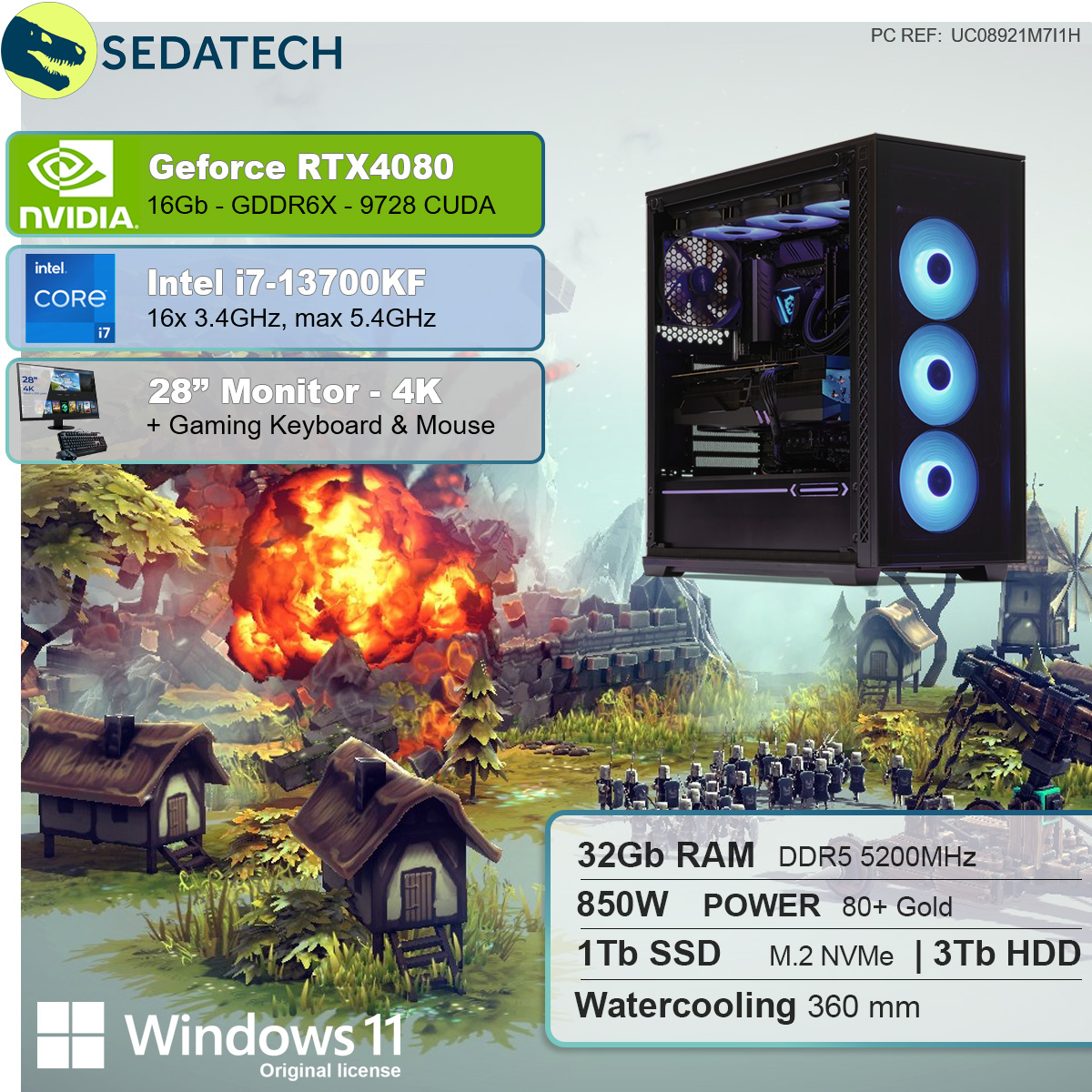 Prozessor, RAM, GB Intel HDD, mit 3000 SSD, Intel Wasserkühlung, Gaming PC 1000 16 32 GB RTX4080, mit i7-13700KF i7-13700KF GB GB Geforce SEDATECH