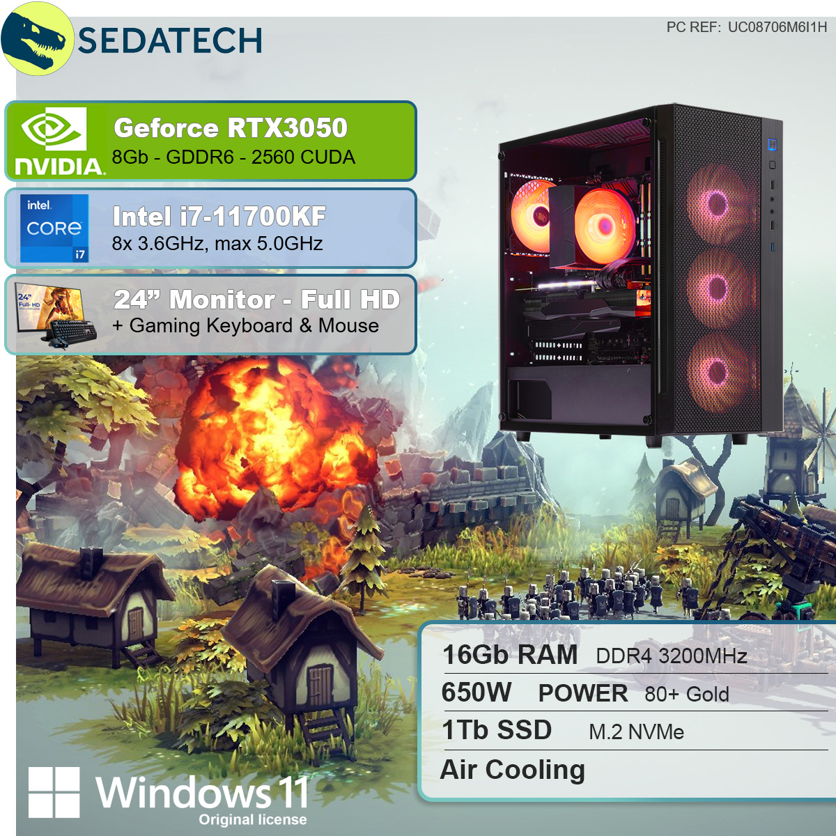 SEDATECH Intel i7-11700KF, Gaming GB 1000 mit SSD, PC Prozessor, 8 16 Intel Geforce RAM, RTX3050, i7-11700KF GB GB