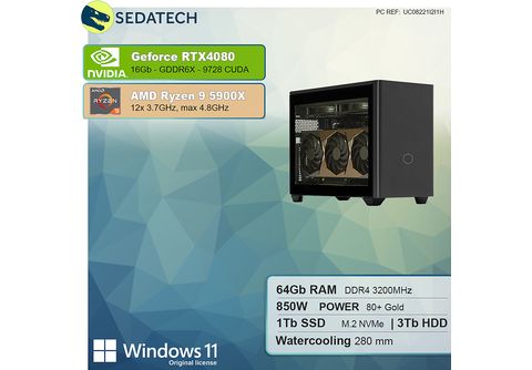 SEDATECH AMD Ryzen 9 4080, 3000 11 AMD RAM, 1000 16 GeForce GB mit MediaMarkt PC-desktop mehrsprachig, Windows RTX™ Home GB Prozessor, GB NVIDIA 9 Ryzen™ 64 SSD, GB 5900X Wasserkühlung, HDD, | mit