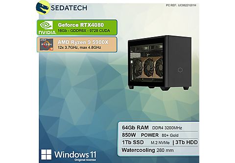 SEDATECH AMD Ryzen 9 5900X mit Wasserkühlung, Windows 11 Home mehrsprachig,  PC-desktop mit AMD Ryzen™ 9 Prozessor, 64 GB RAM, 1000 GB SSD, 3000 GB HDD,  NVIDIA GeForce RTX™ 4080, 16 GB | MediaMarkt