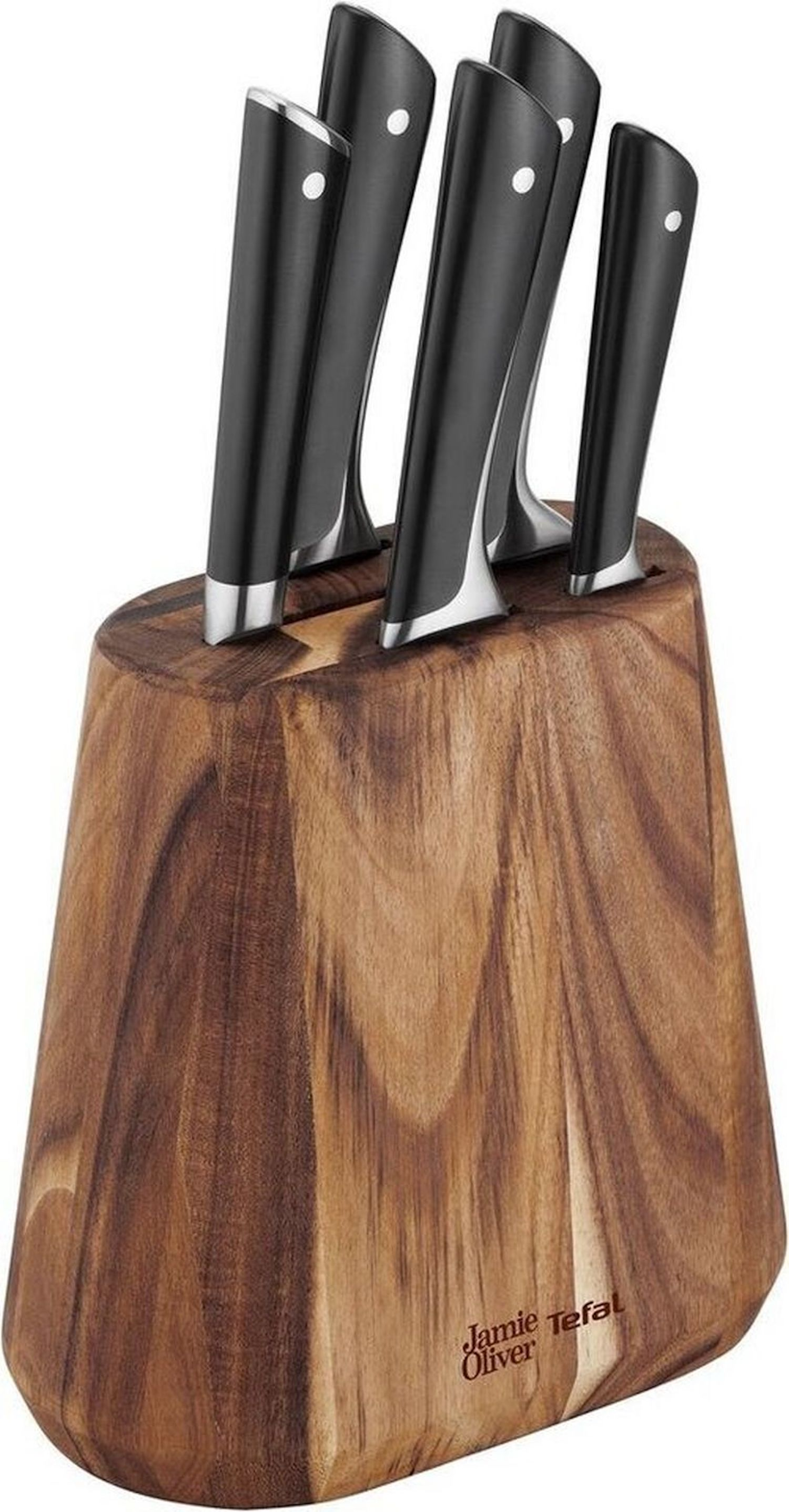 Set di coltelli a blocchi di legno con sei coltelli con manico nero, vista angolata.