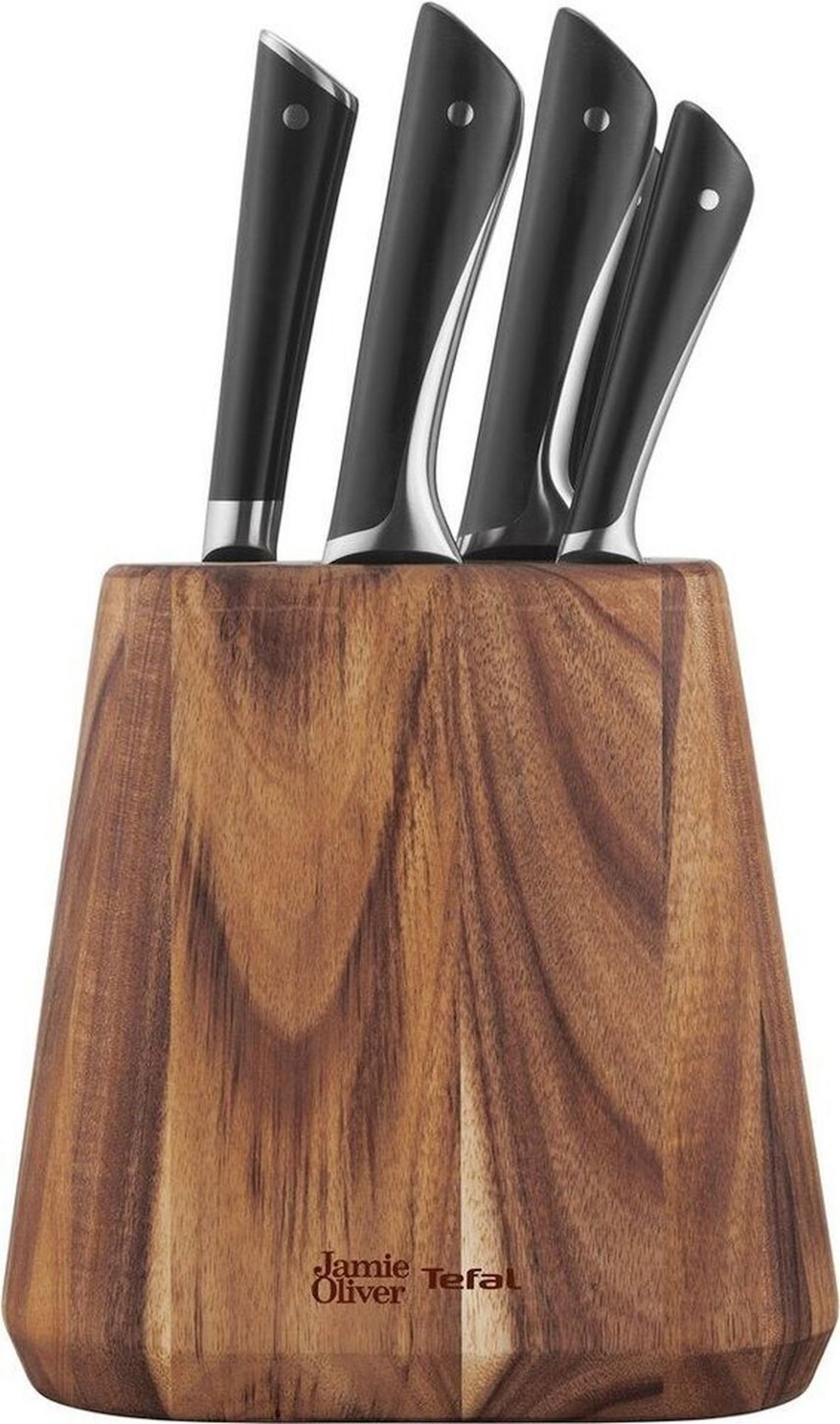Set di coltelli in ceppo di legno con cinque coltelli con manico nero.