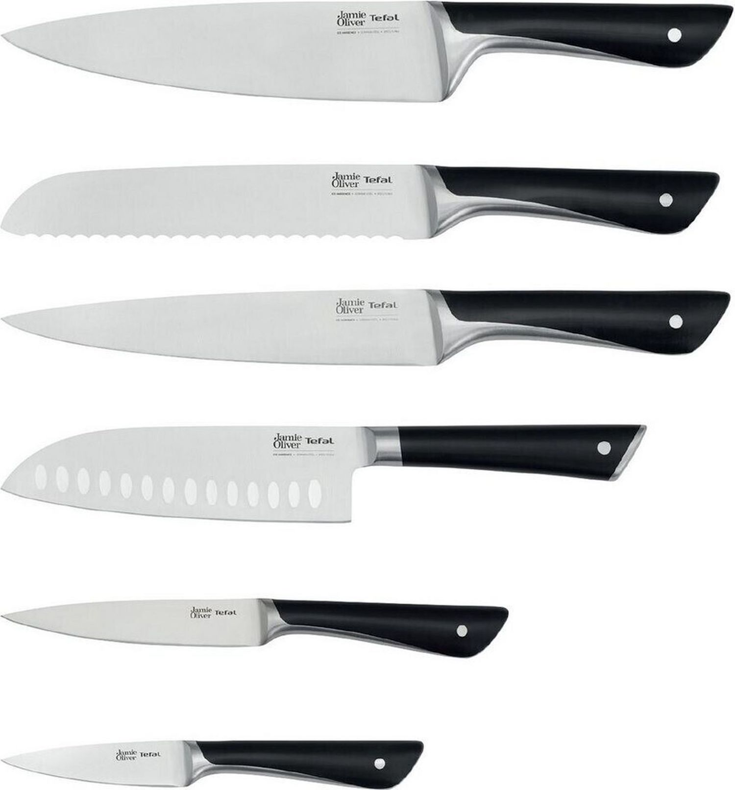 Set di sei coltelli da cucina con manici neri, lame argentate. Marchi Jamie Oliver e Tefal visibili.